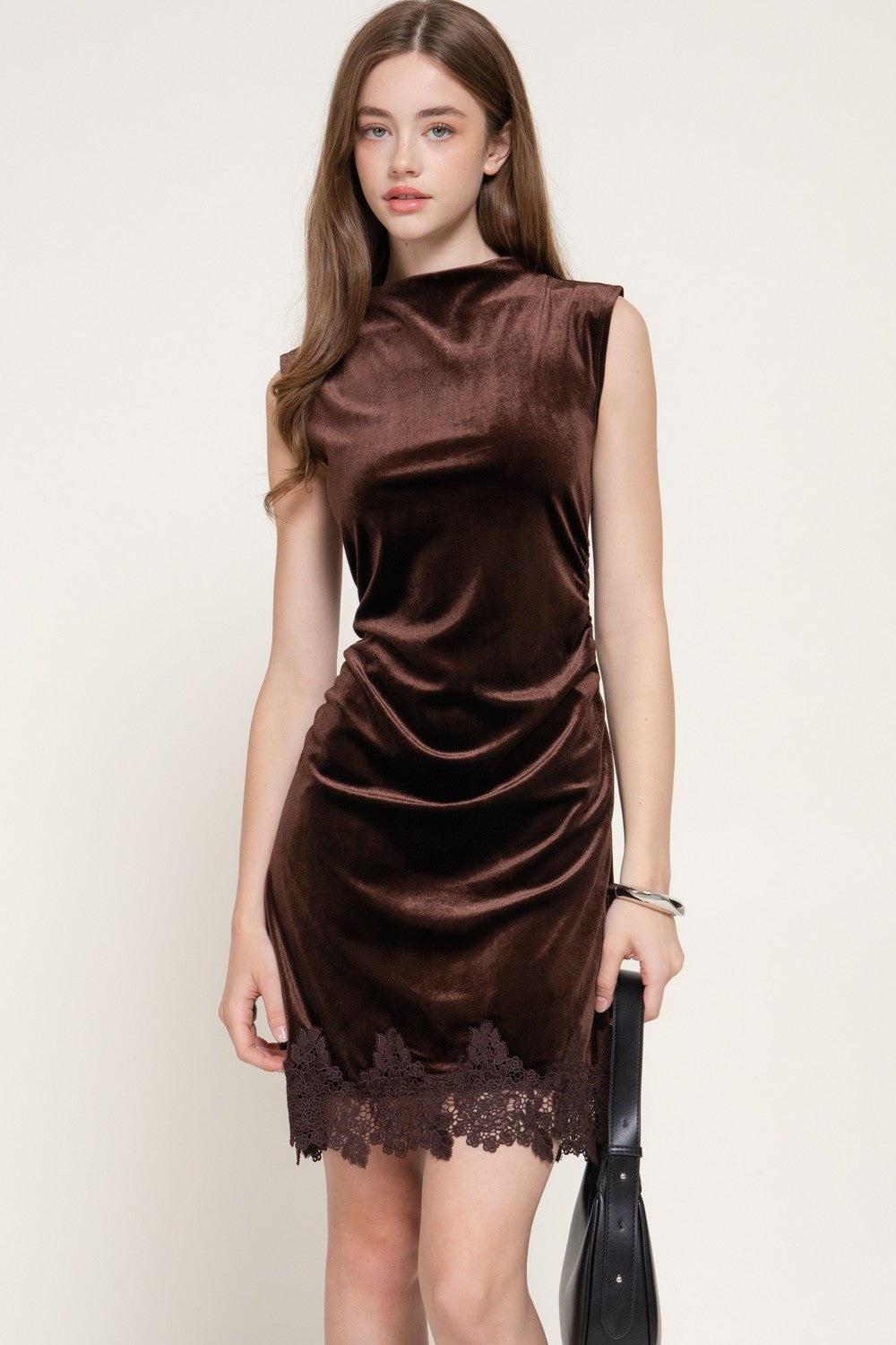 Sleeveless Hight Neck Velvet Mini Dress