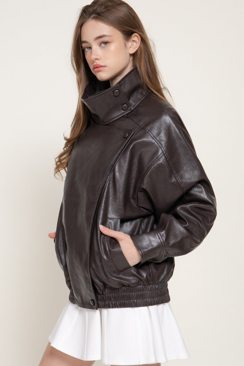 High Collar Faux Leather Jacket