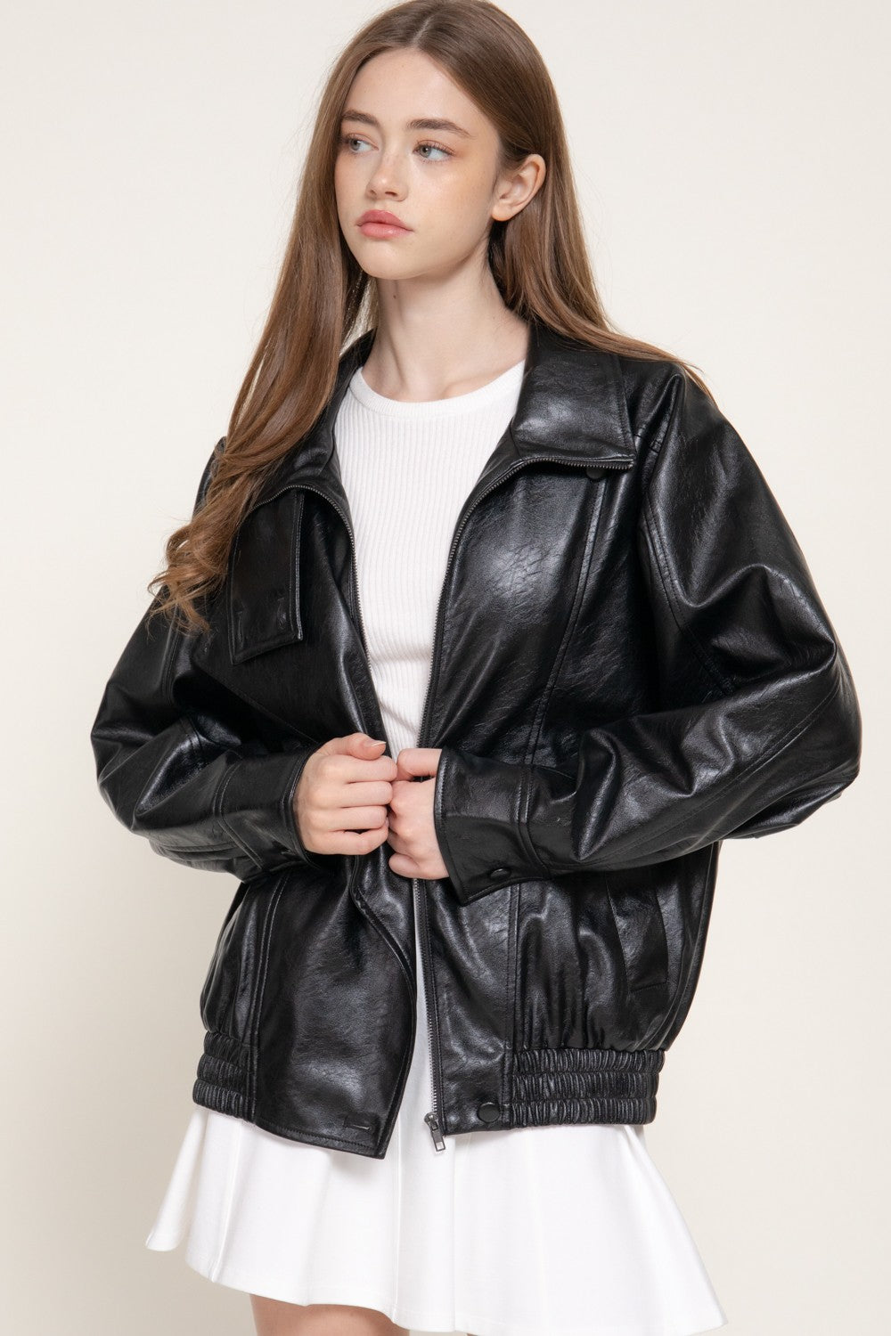 High Collar Faux Leather Jacket