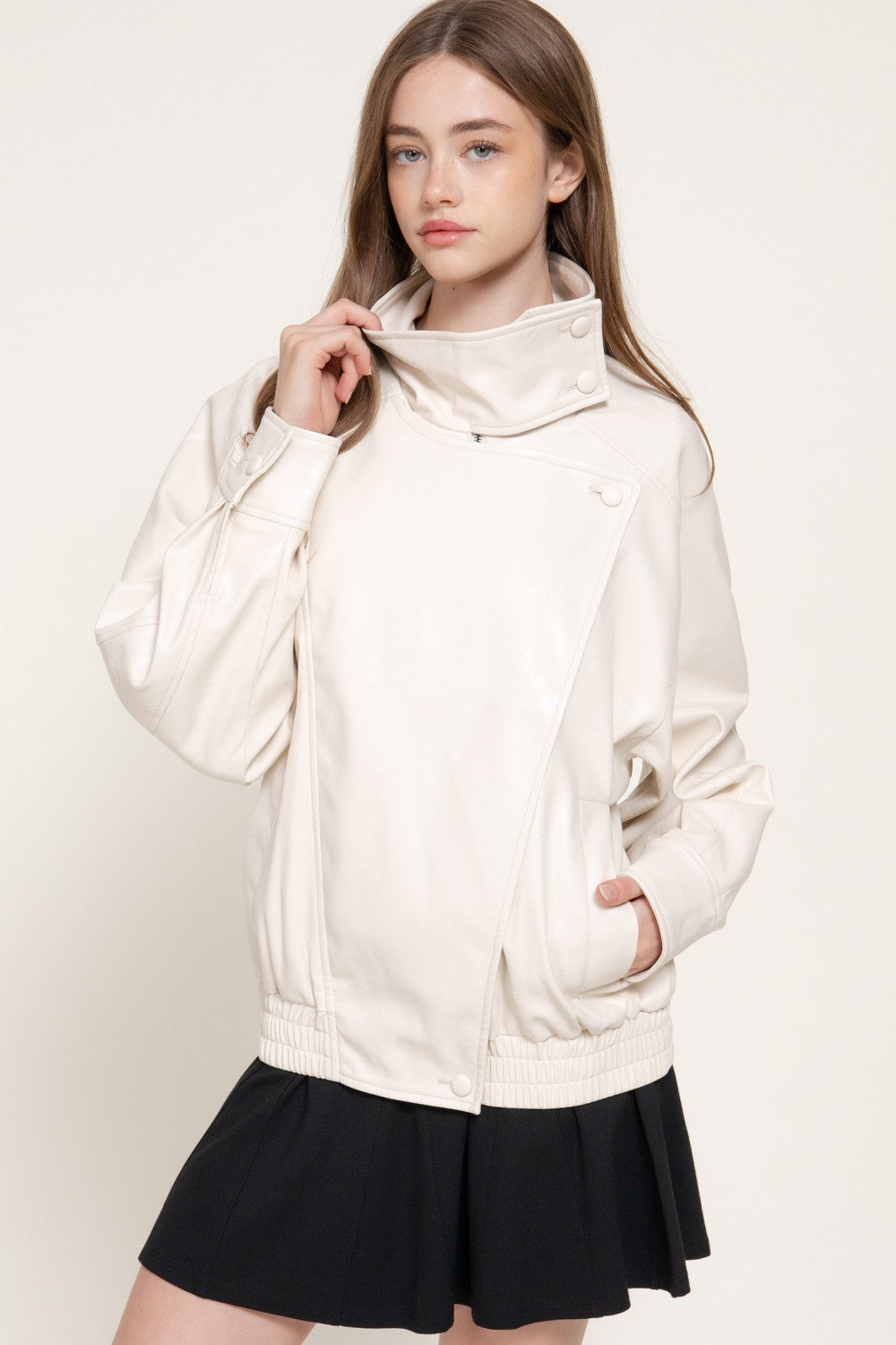 High Collar Faux Leather Jacket