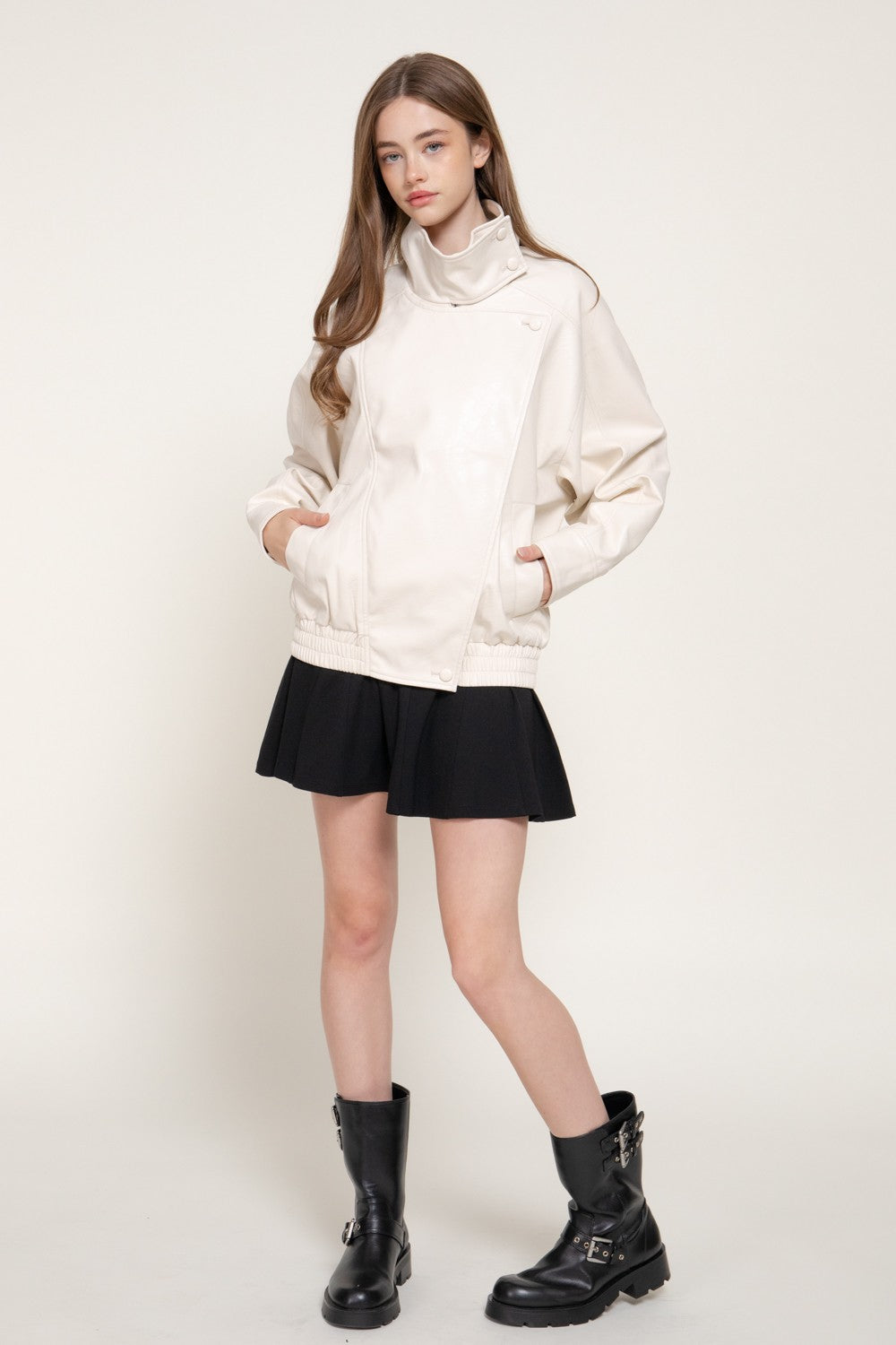 High Collar Faux Leather Jacket