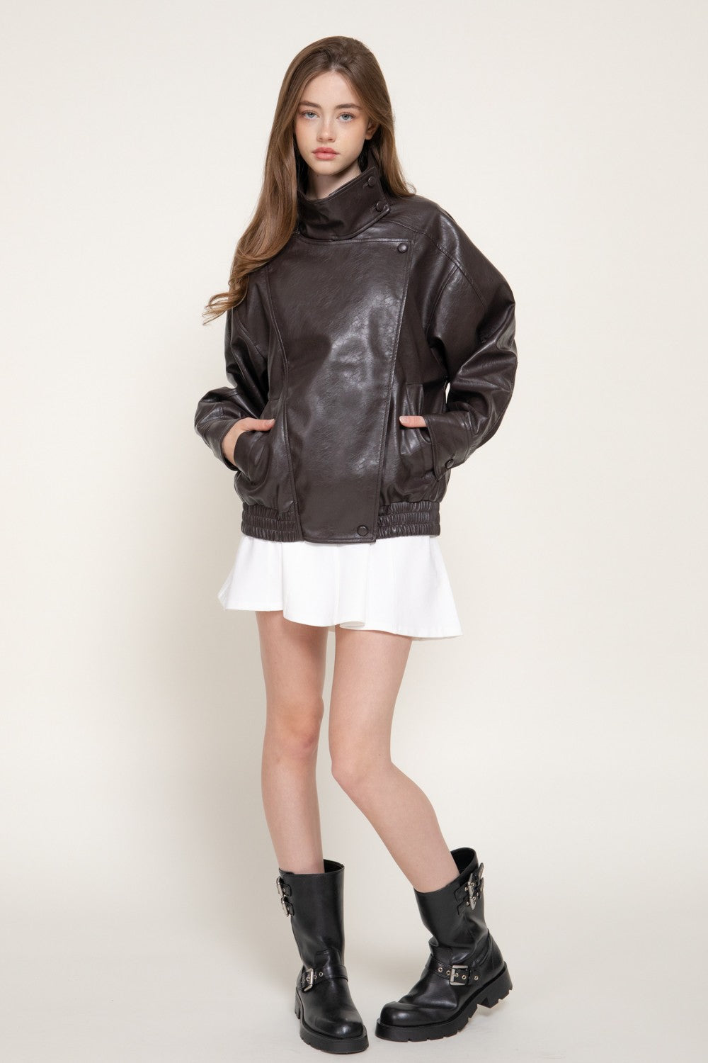 High Collar Faux Leather Jacket