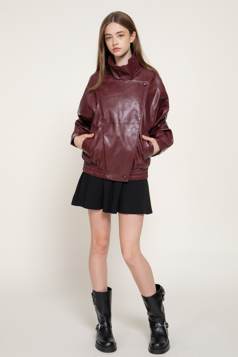 High Collar Faux Leather Jacket