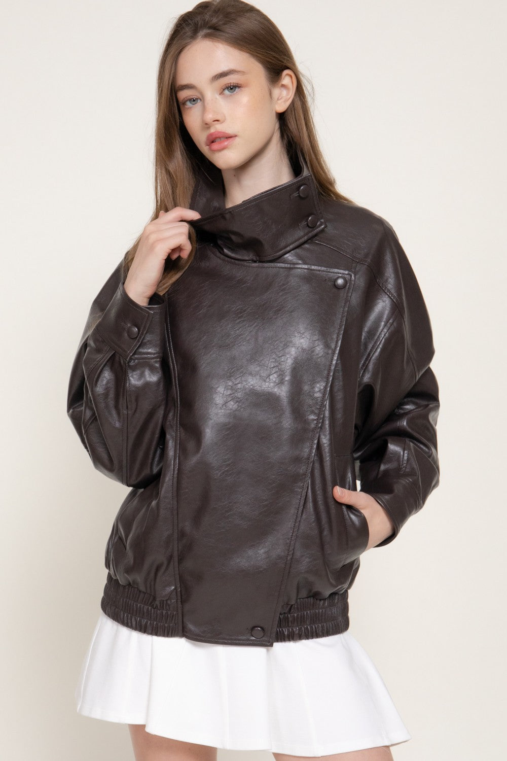 High Collar Faux Leather Jacket