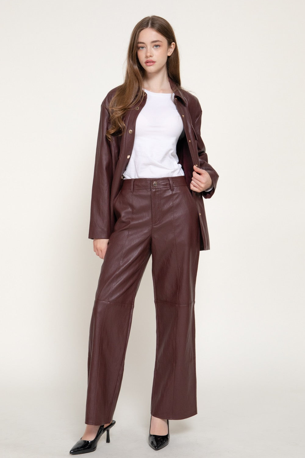 Straight Leg Texture Faux Leather Long Pants