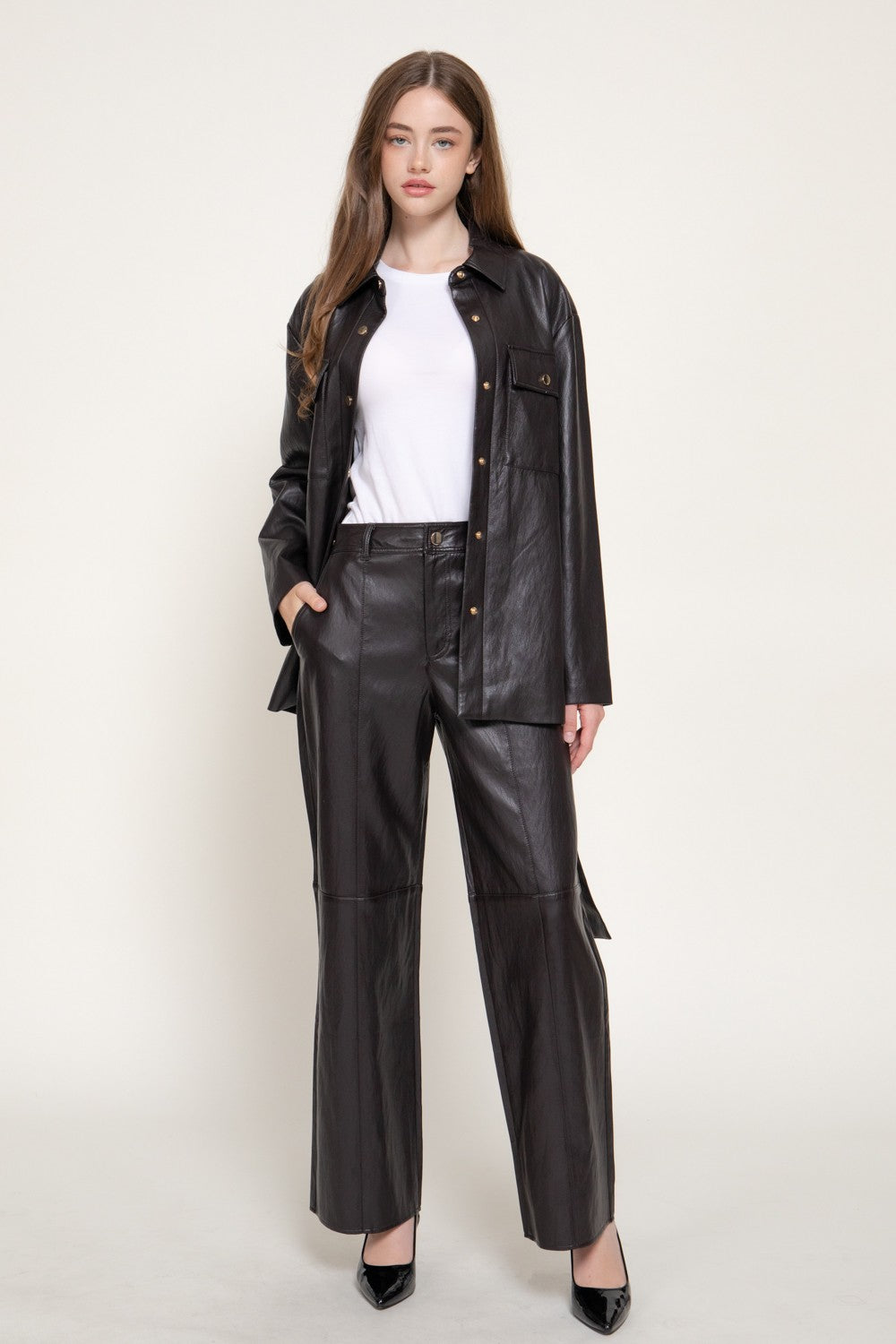 Straight Leg Texture Faux Leather Long Pants