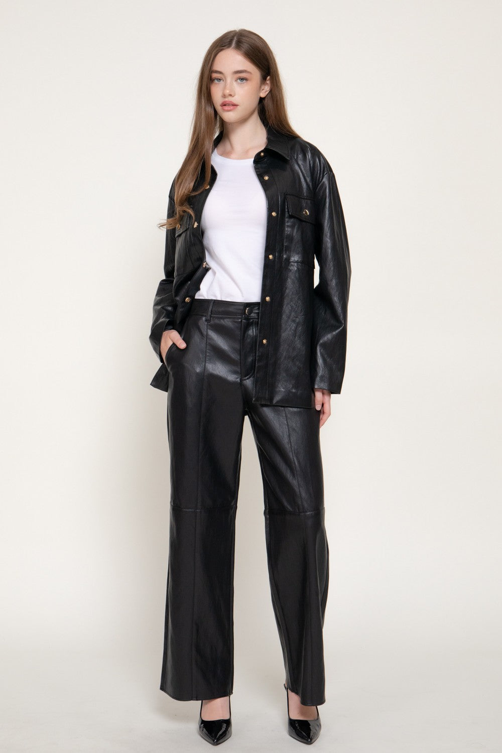 Straight Leg Texture Faux Leather Long Pants