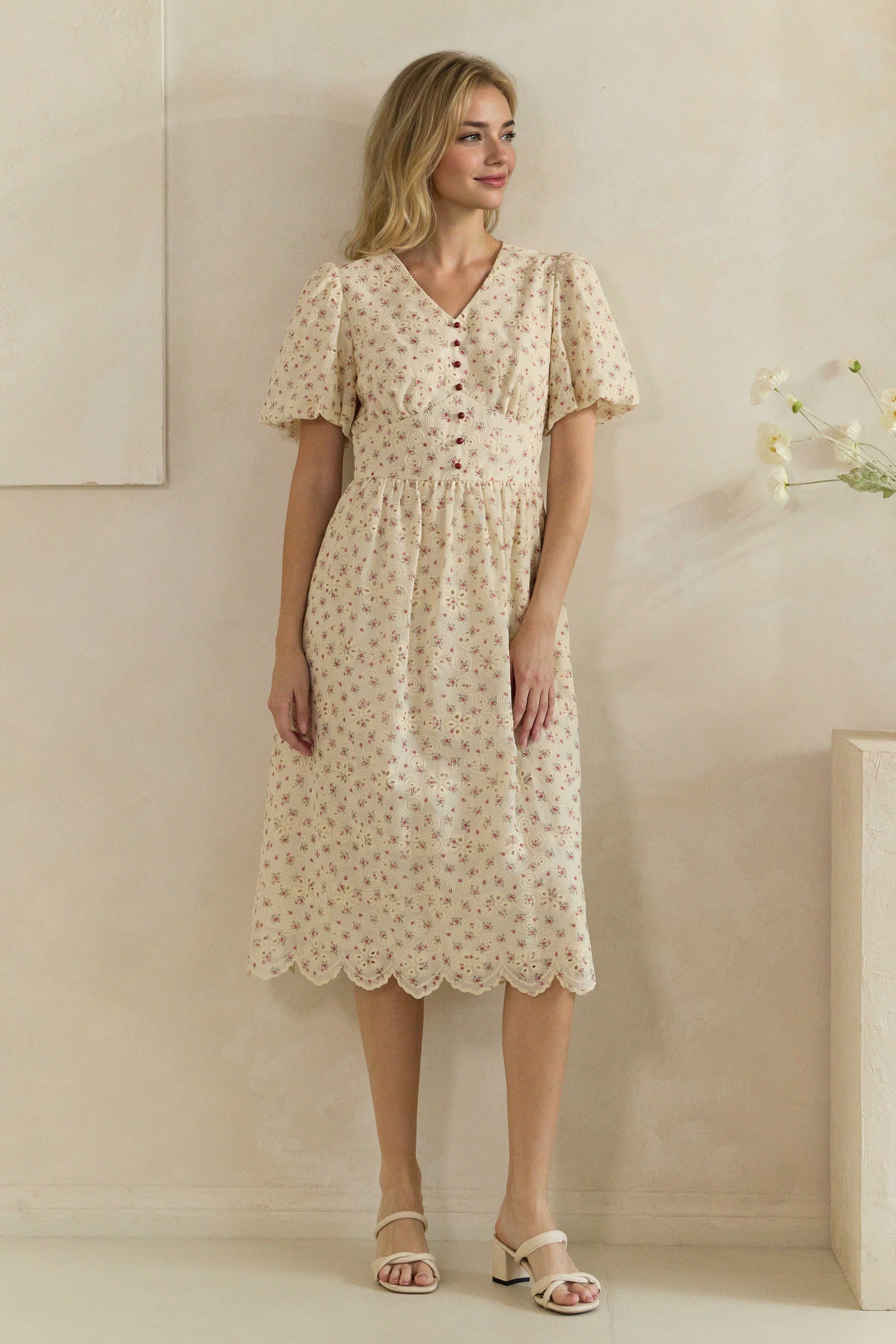 Ditsy Floral Eyelet Button Front Puff Sleeve Midi Dress