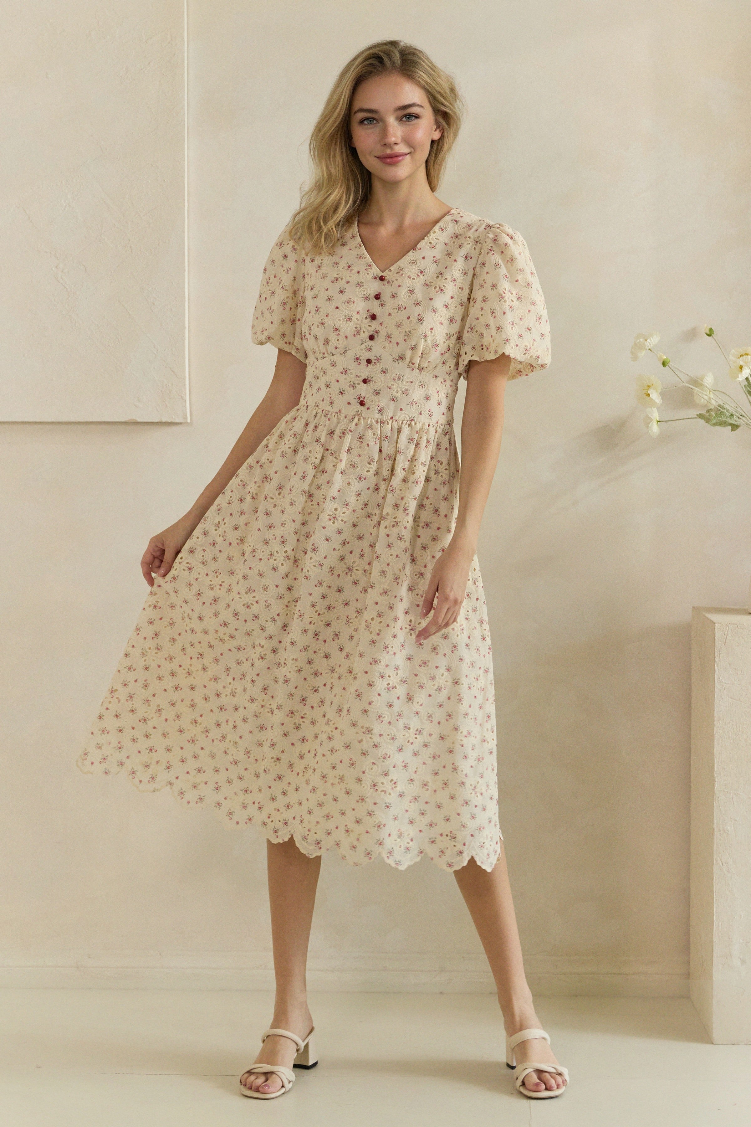 Ditsy Floral Eyelet Button Front Puff Sleeve Midi Dress