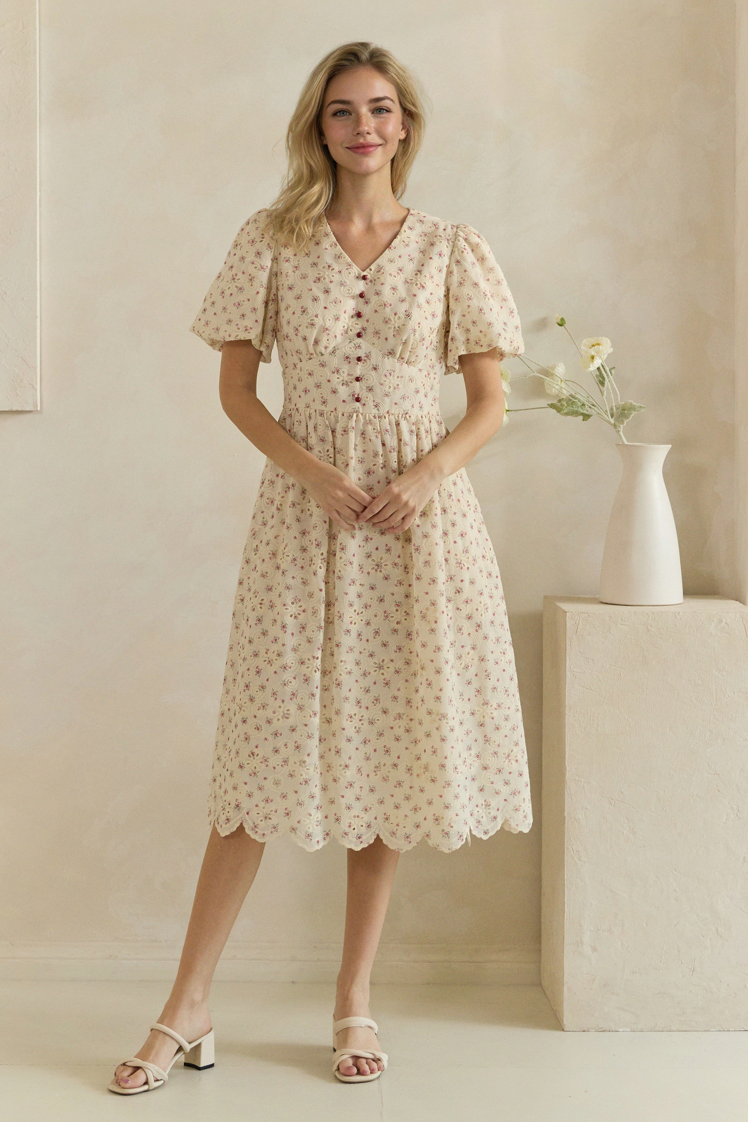 Ditsy Floral Eyelet Button Front Puff Sleeve Midi Dress
