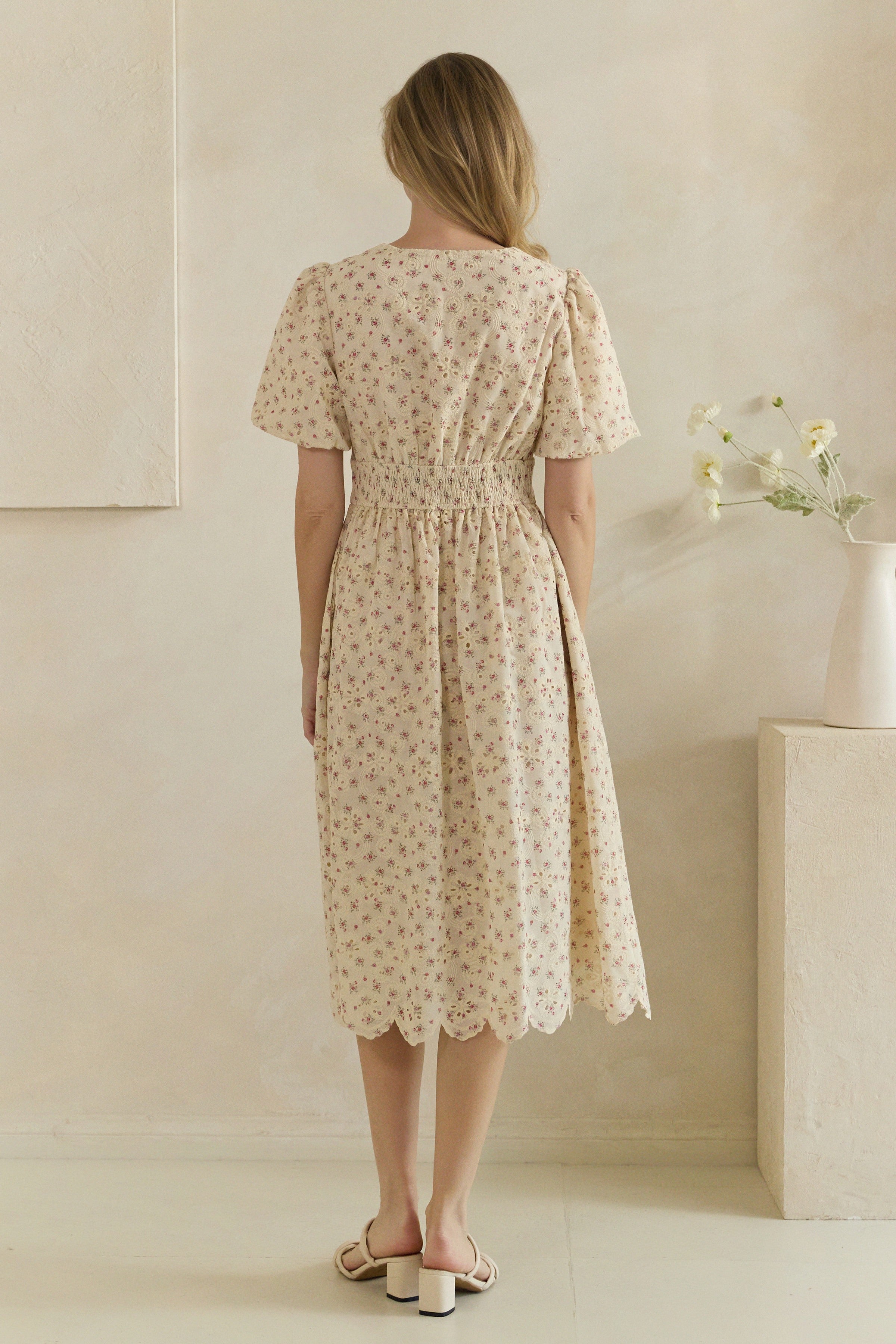 Ditsy Floral Eyelet Button Front Puff Sleeve Midi Dress
