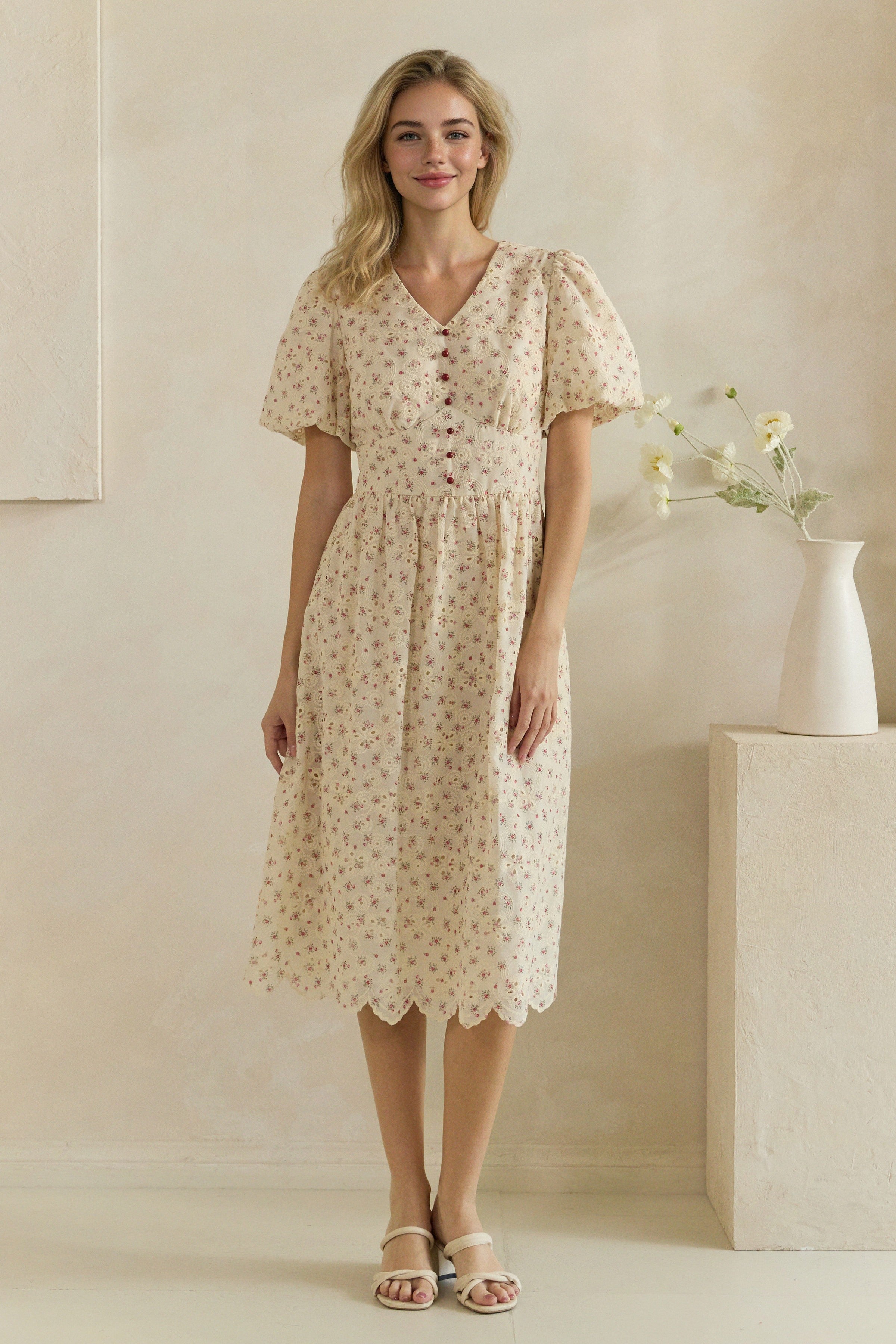Ditsy Floral Eyelet Button Front Puff Sleeve Midi Dress
