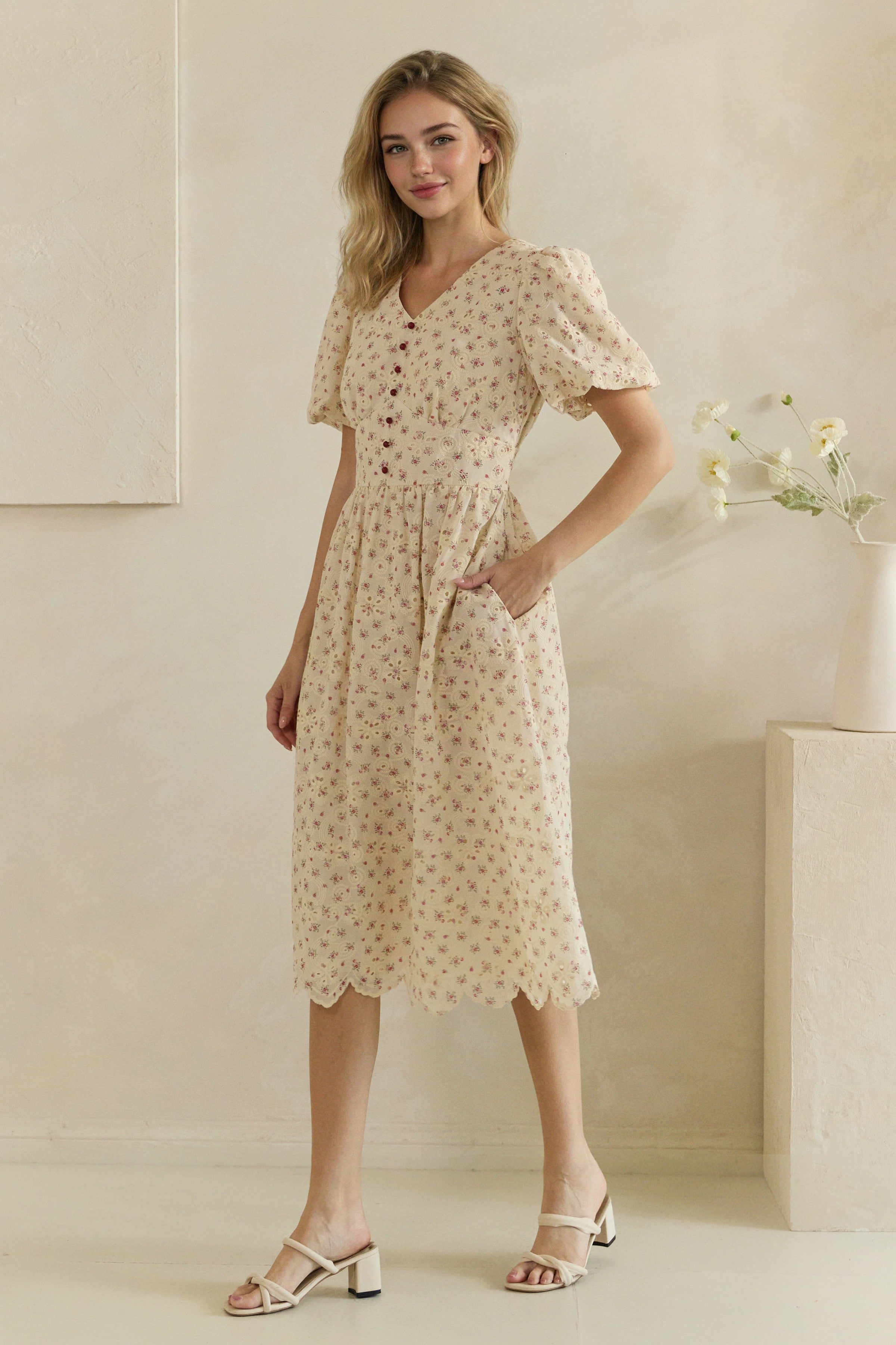 Ditsy Floral Eyelet Button Front Puff Sleeve Midi Dress
