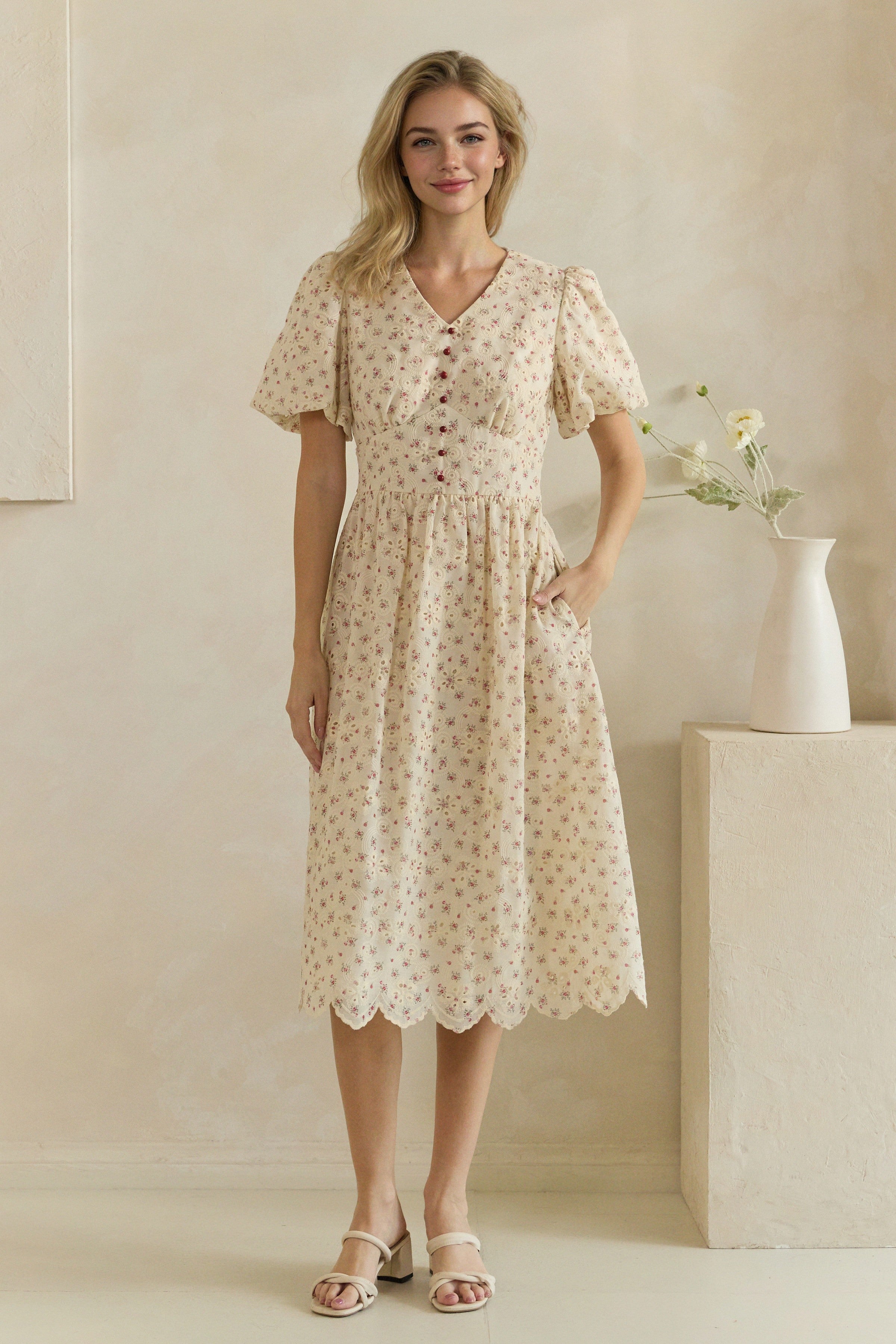 Ditsy Floral Eyelet Button Front Puff Sleeve Midi Dress