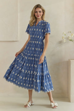 Floral Embroidered Scallop Trim Tiered Midi Dress