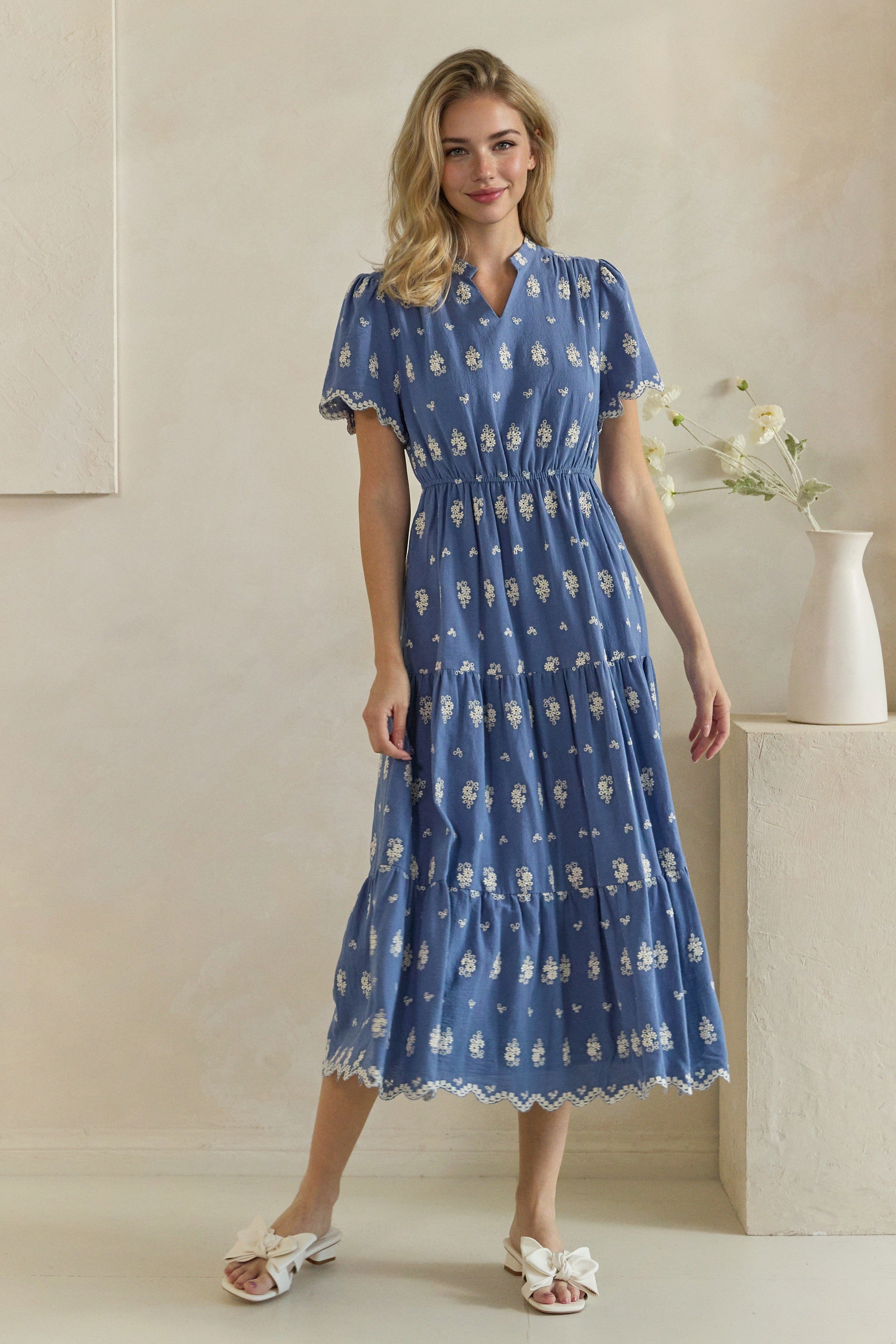 Floral Embroidered Scallop Trim Tiered Midi Dress