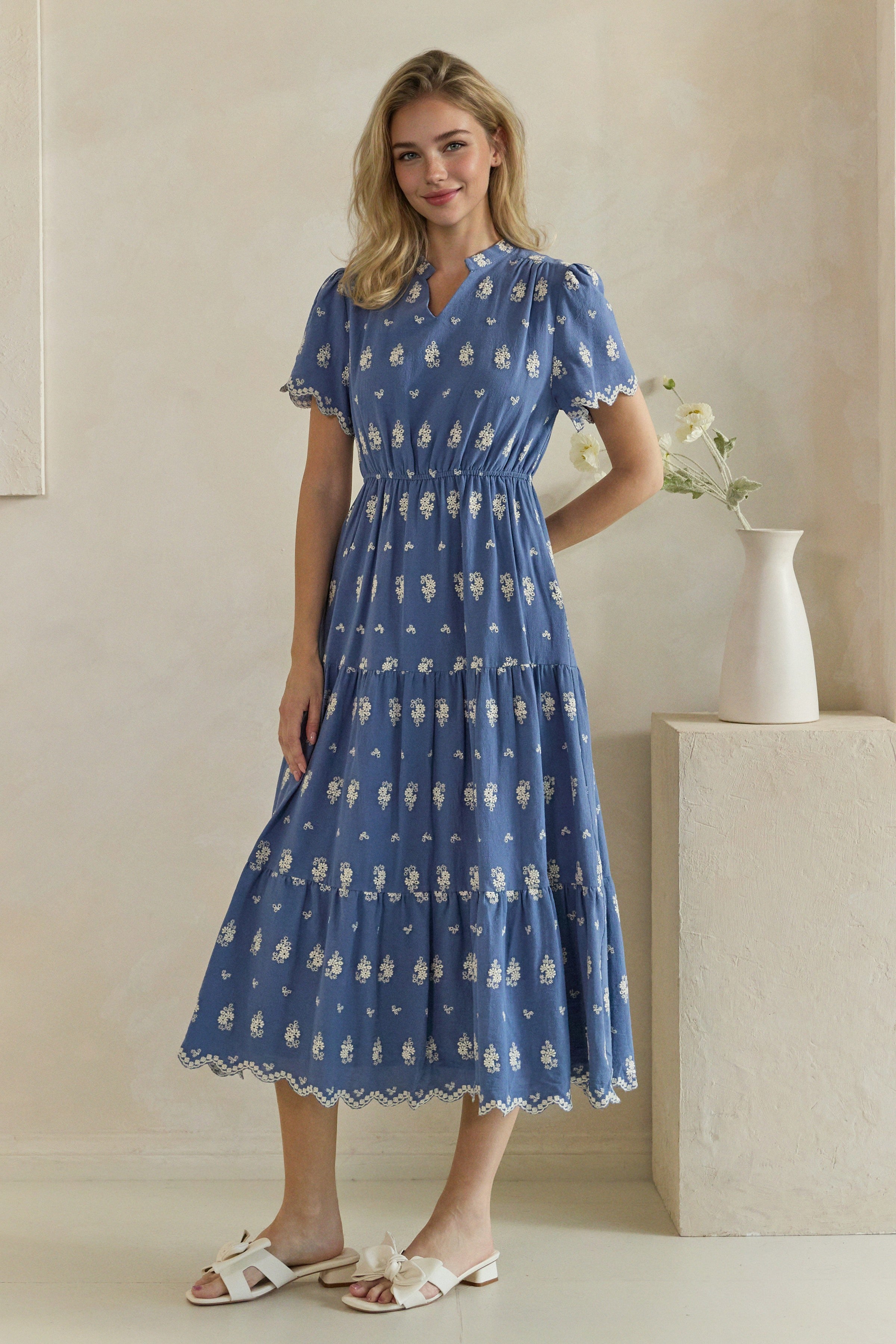 Floral Embroidered Scallop Trim Tiered Midi Dress