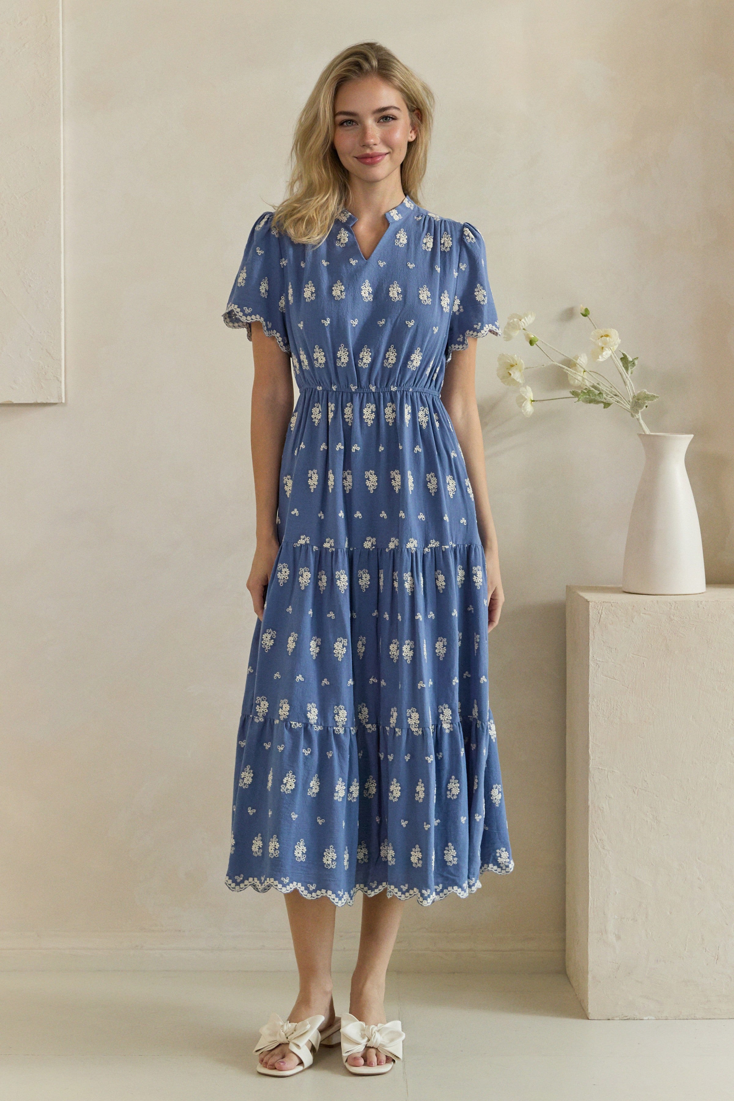Floral Embroidered Scallop Trim Tiered Midi Dress