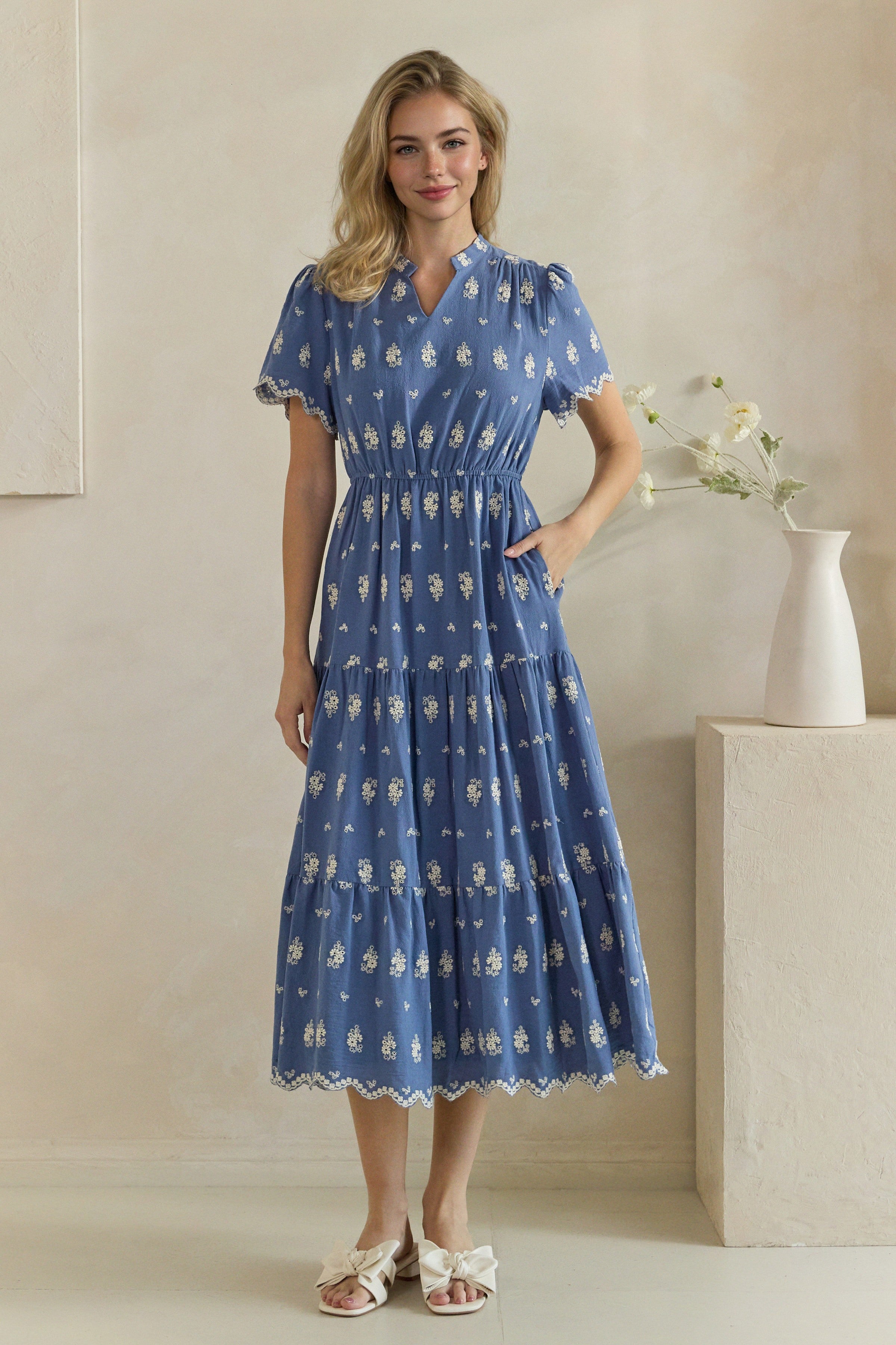 Floral Embroidered Scallop Trim Tiered Midi Dress