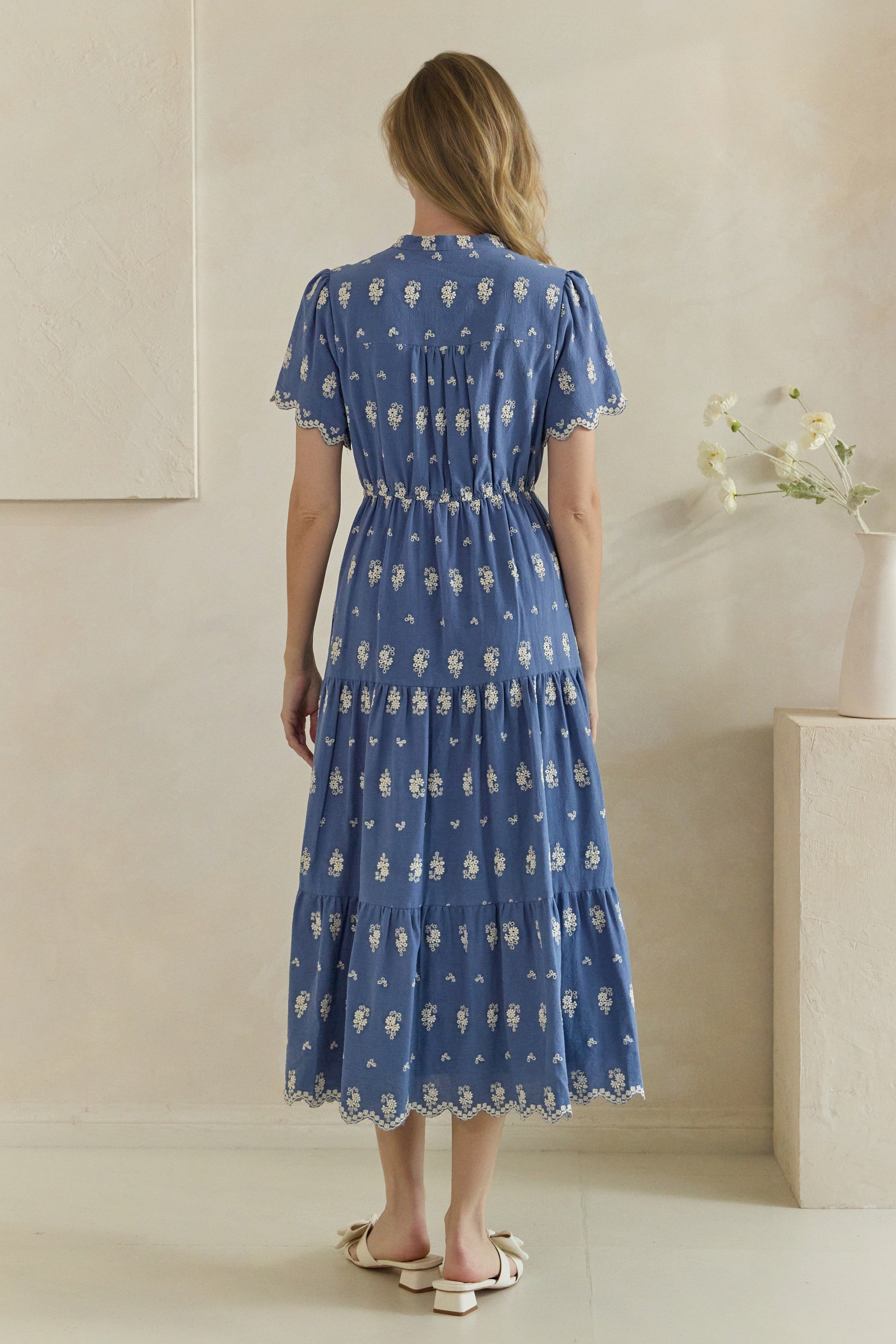 Floral Embroidered Scallop Trim Tiered Midi Dress