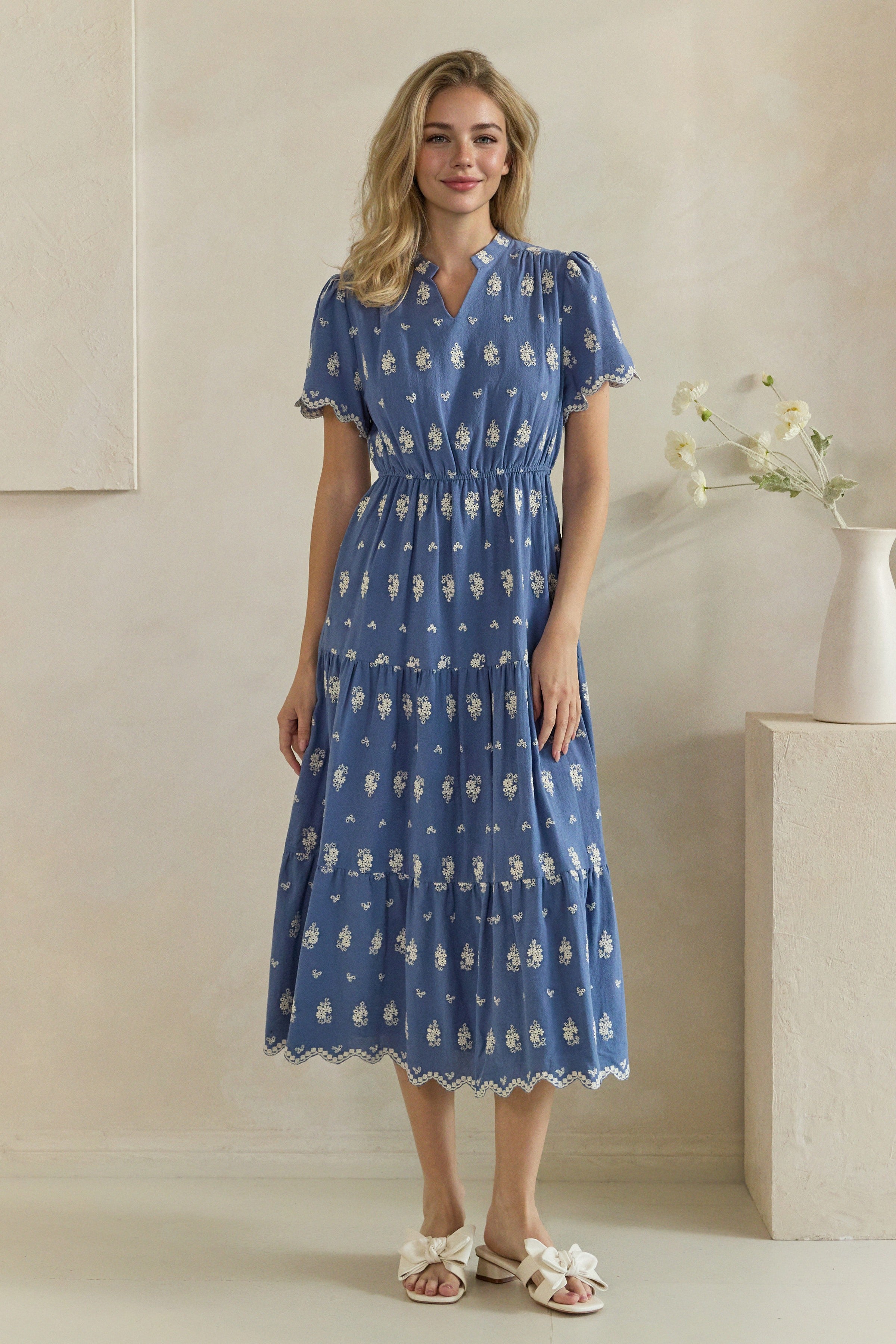 Floral Embroidered Scallop Trim Tiered Midi Dress