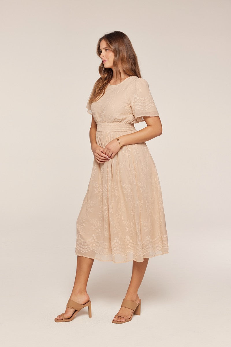 Floral Embroidered Chiffon Smocked Waist Midi Dress