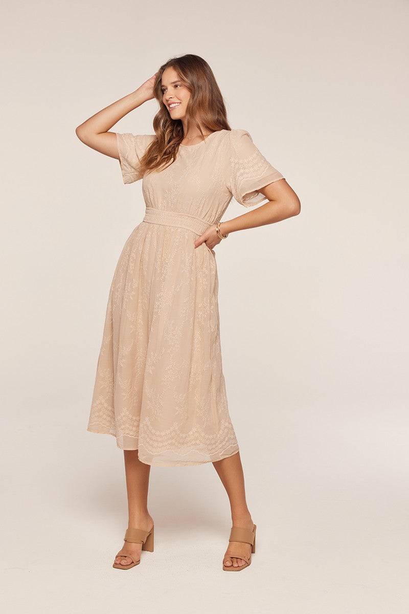 Floral Embroidered Chiffon Smocked Waist Midi Dress