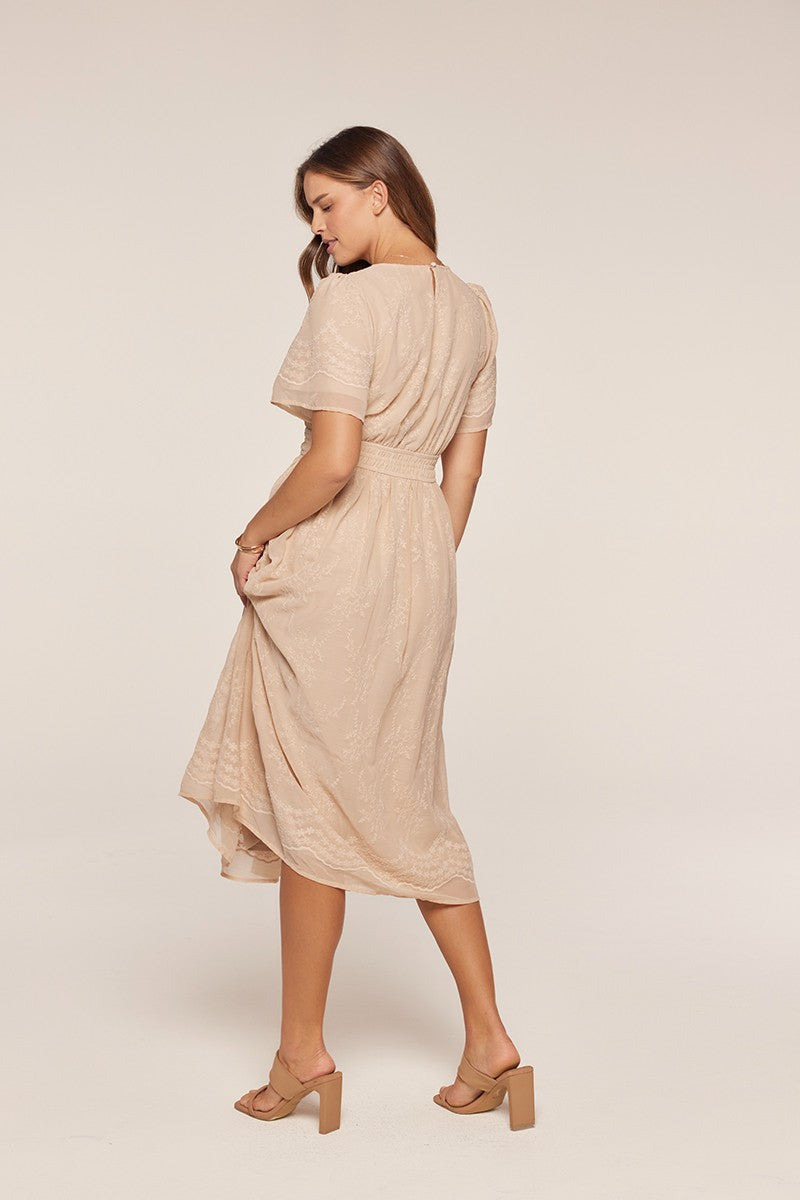 Floral Embroidered Chiffon Smocked Waist Midi Dress
