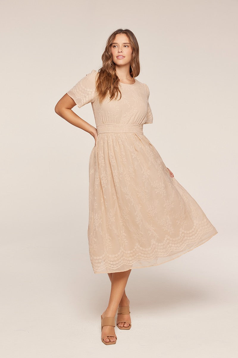 Floral Embroidered Chiffon Smocked Waist Midi Dress
