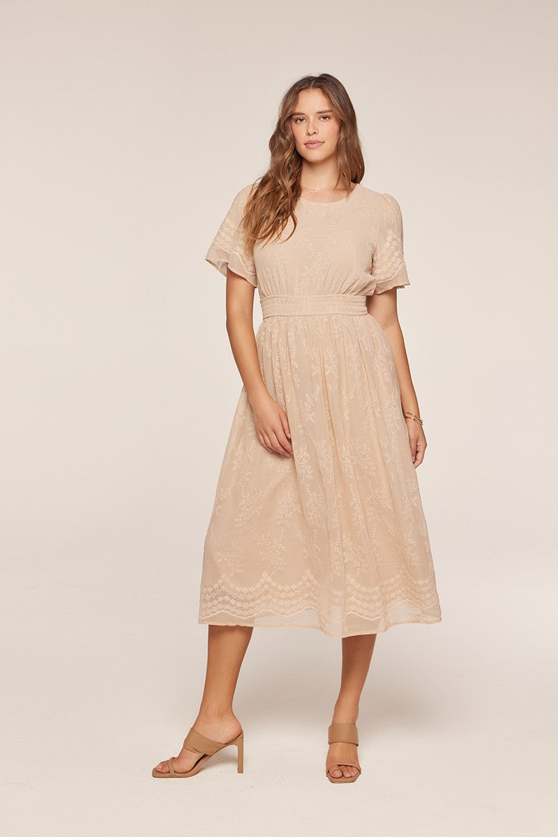 Floral Embroidered Chiffon Smocked Waist Midi Dress