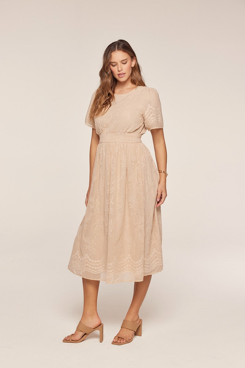 Floral Embroidered Chiffon Smocked Waist Midi Dress
