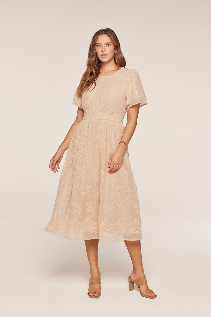 Floral Embroidered Chiffon Smocked Waist Midi Dress