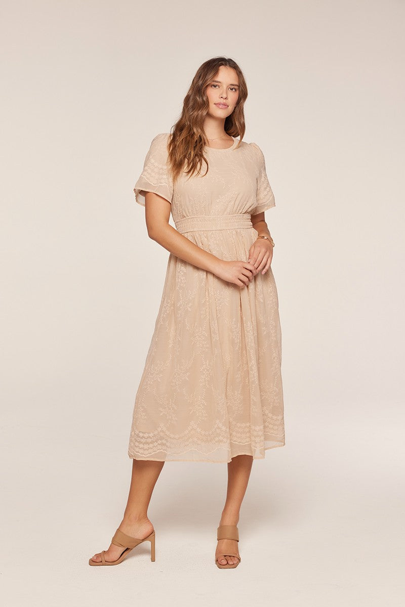 Floral Embroidered Chiffon Smocked Waist Midi Dress