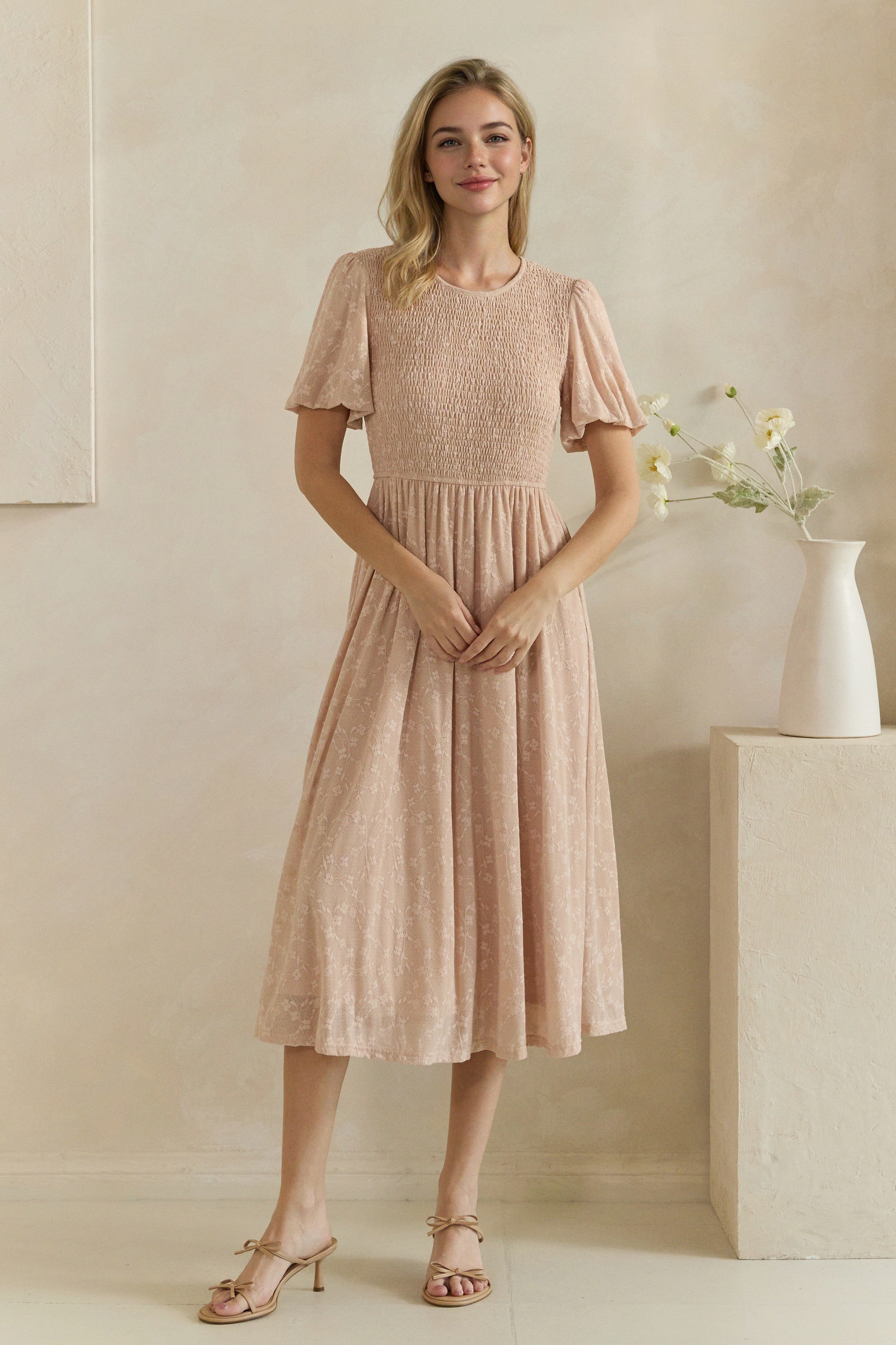 Floral Burnout Smocked Flutter Sleeve Midi Dress