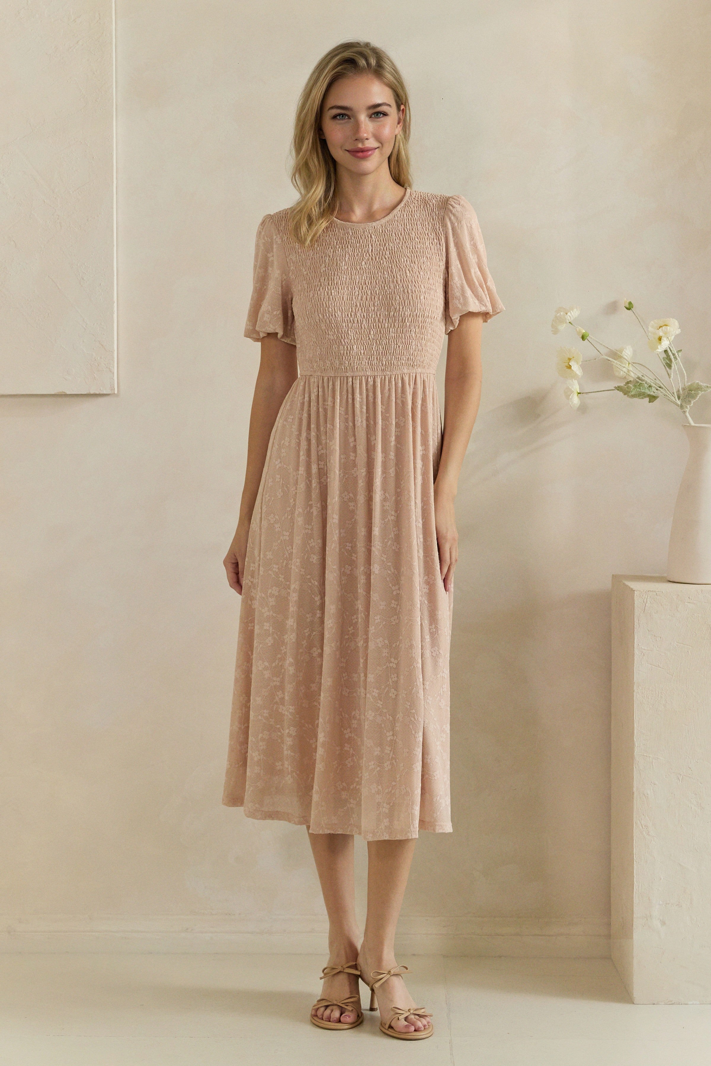 Floral Burnout Smocked Flutter Sleeve Midi Dress