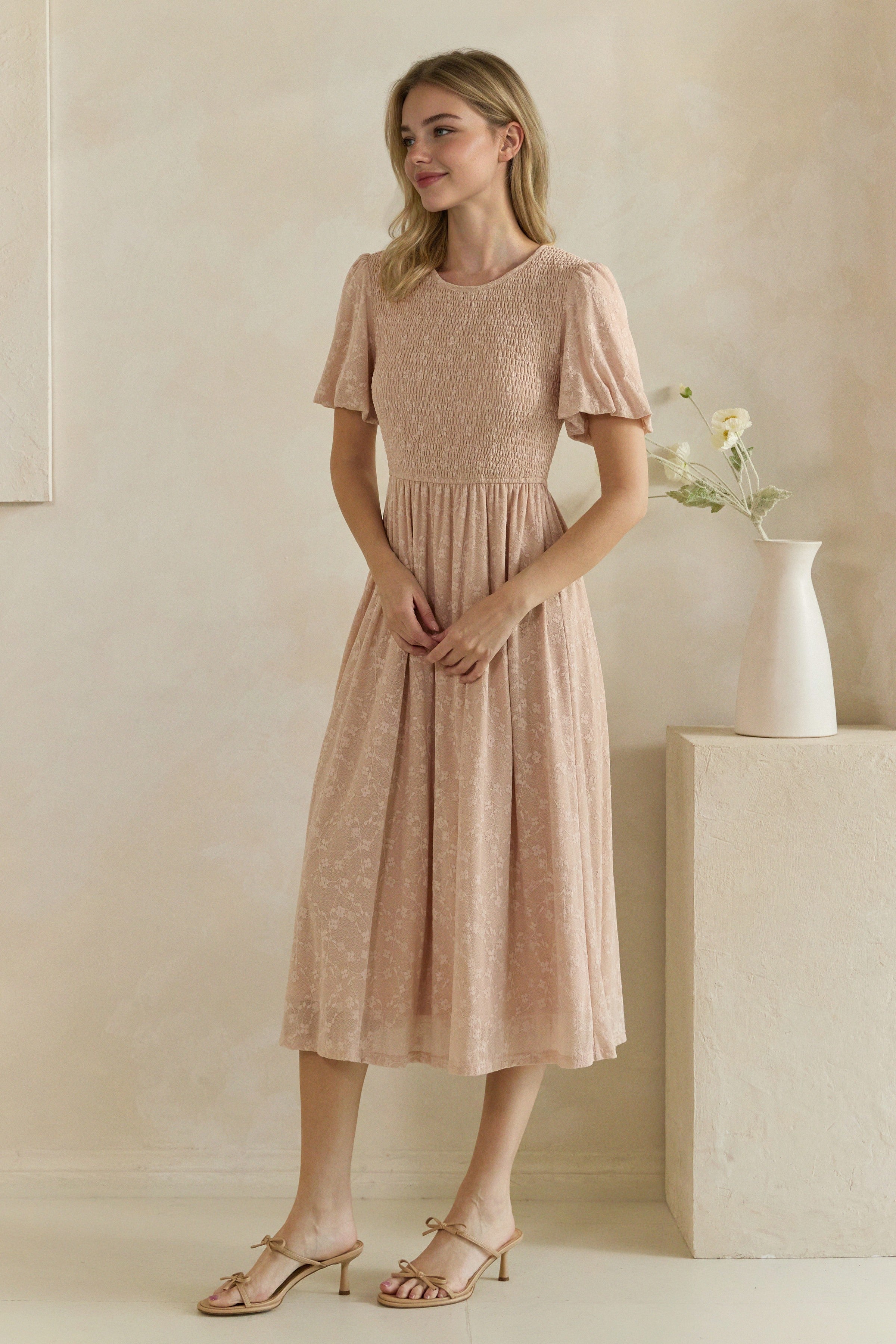 Floral Burnout Smocked Flutter Sleeve Midi Dress