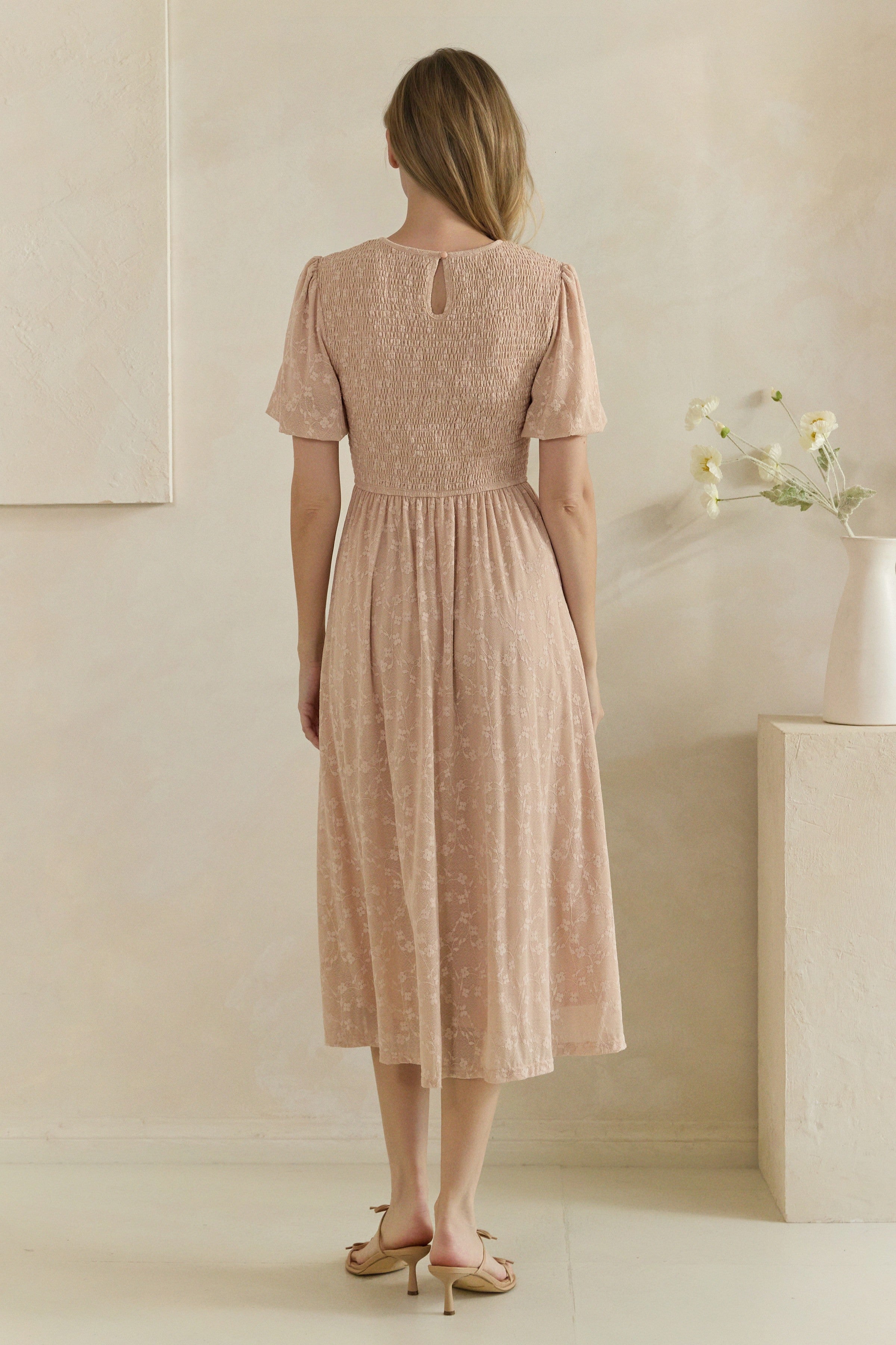 Floral Burnout Smocked Flutter Sleeve Midi Dress