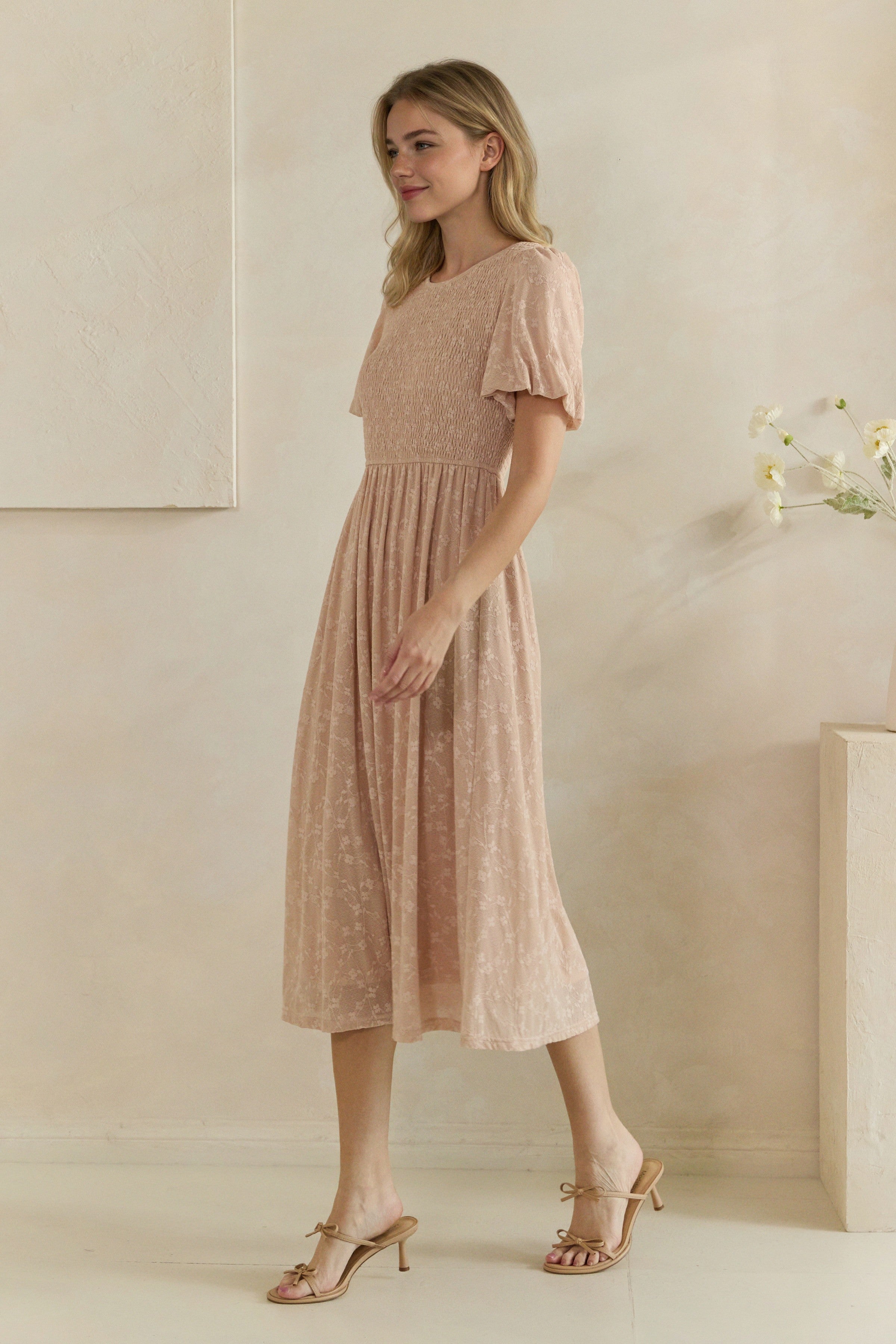 Floral Burnout Smocked Flutter Sleeve Midi Dress