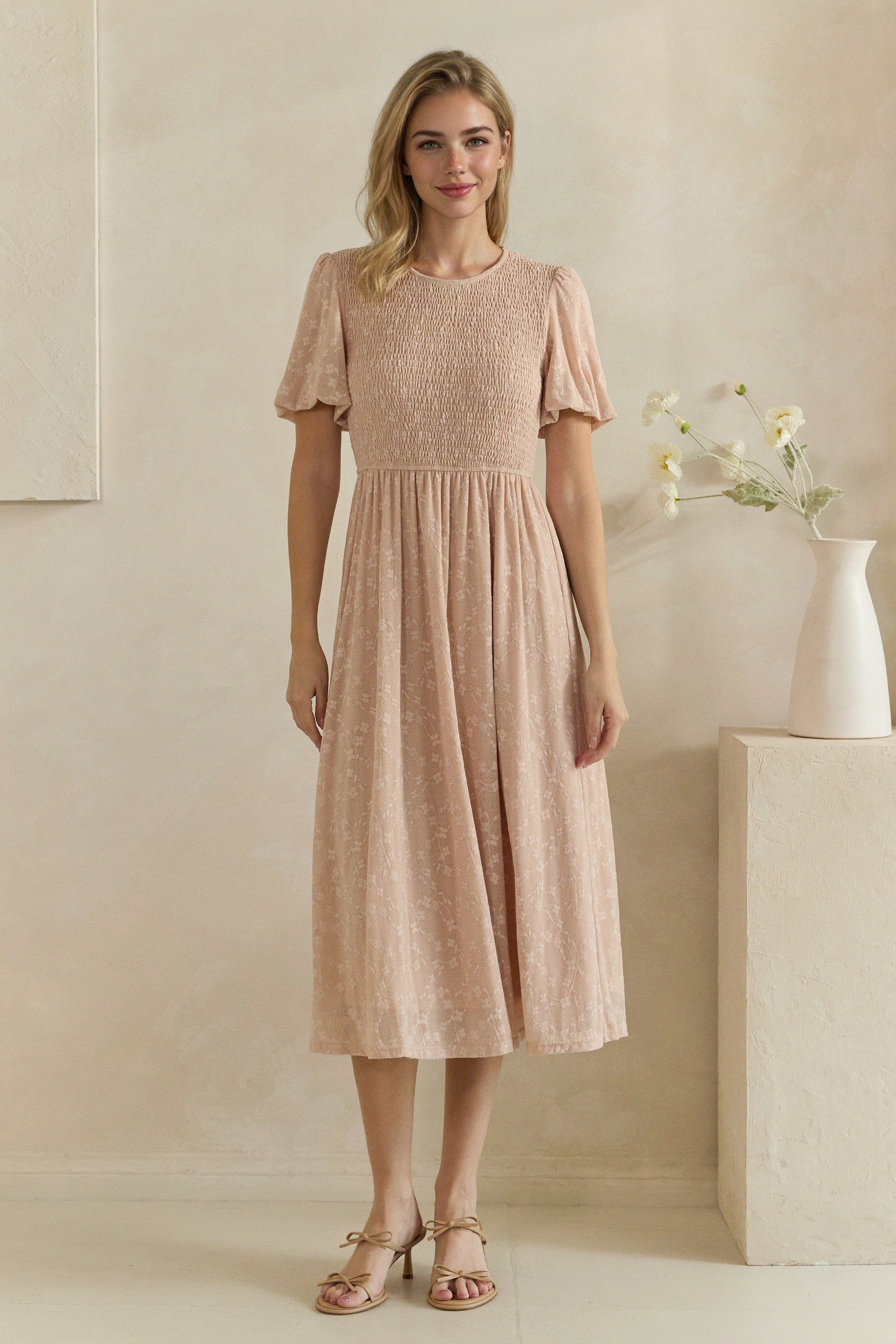 Floral Burnout Smocked Flutter Sleeve Midi Dress