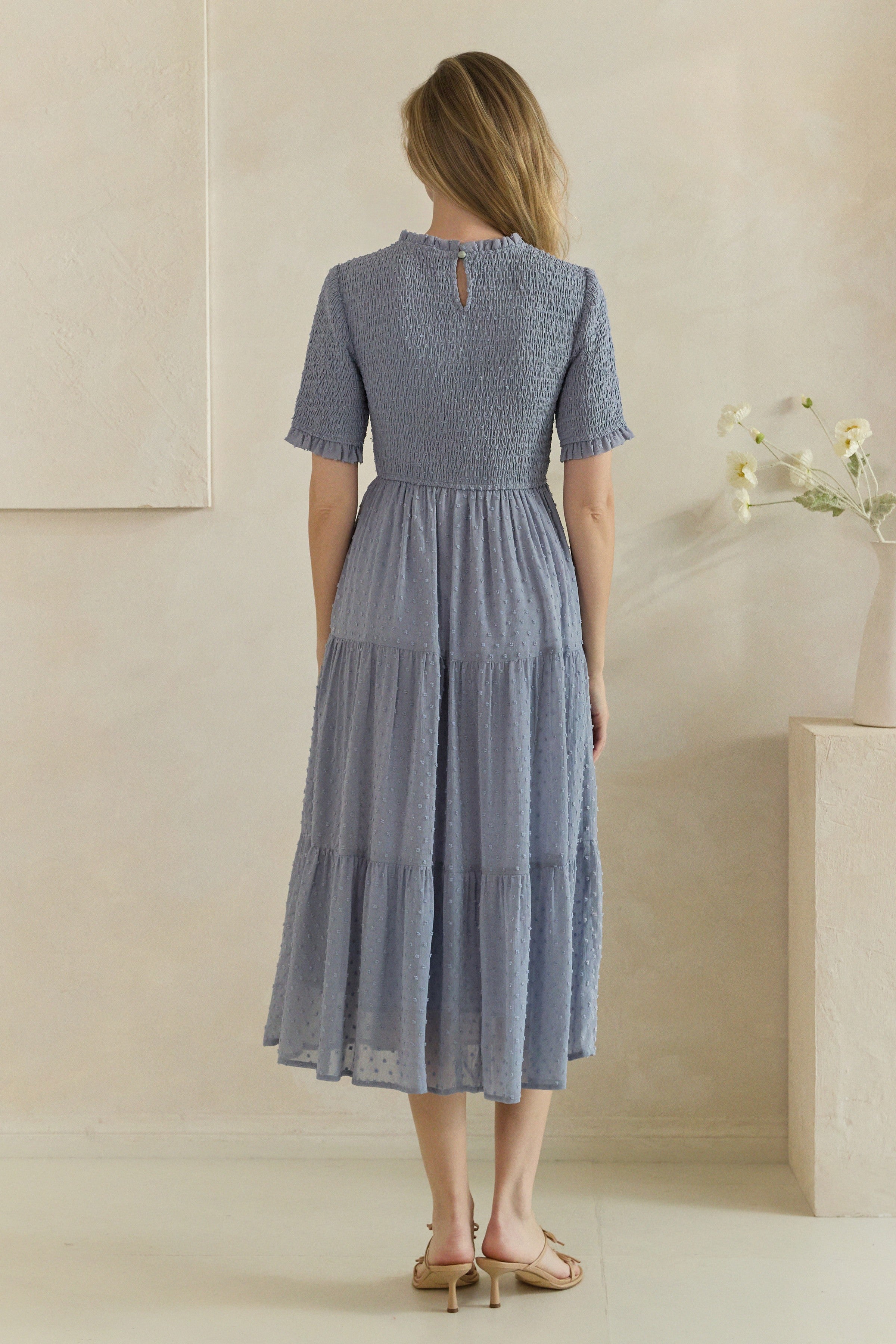 Swiss Dot Smocked Ruffle Trim Tiered Midi Dress