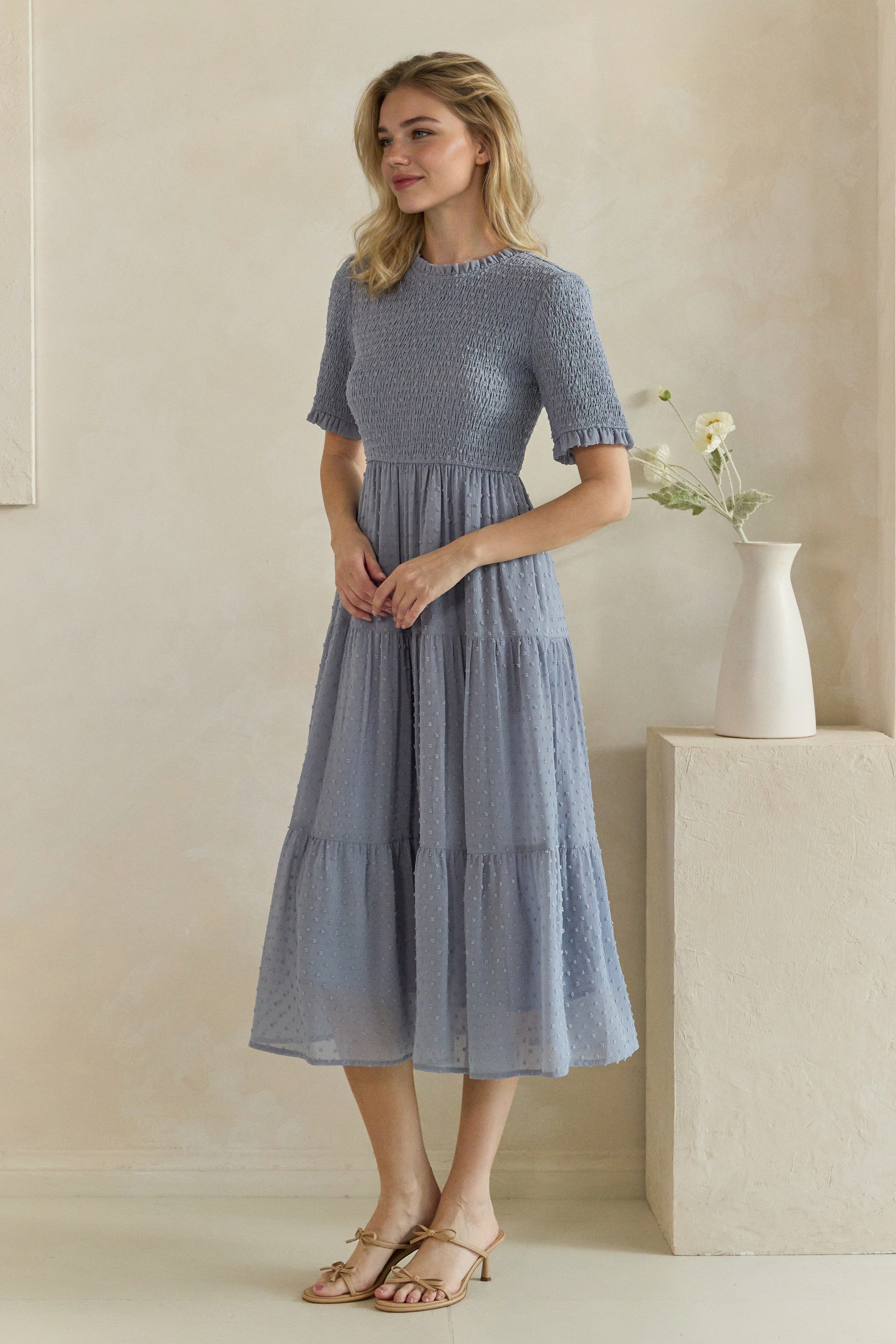Swiss Dot Smocked Ruffle Trim Tiered Midi Dress