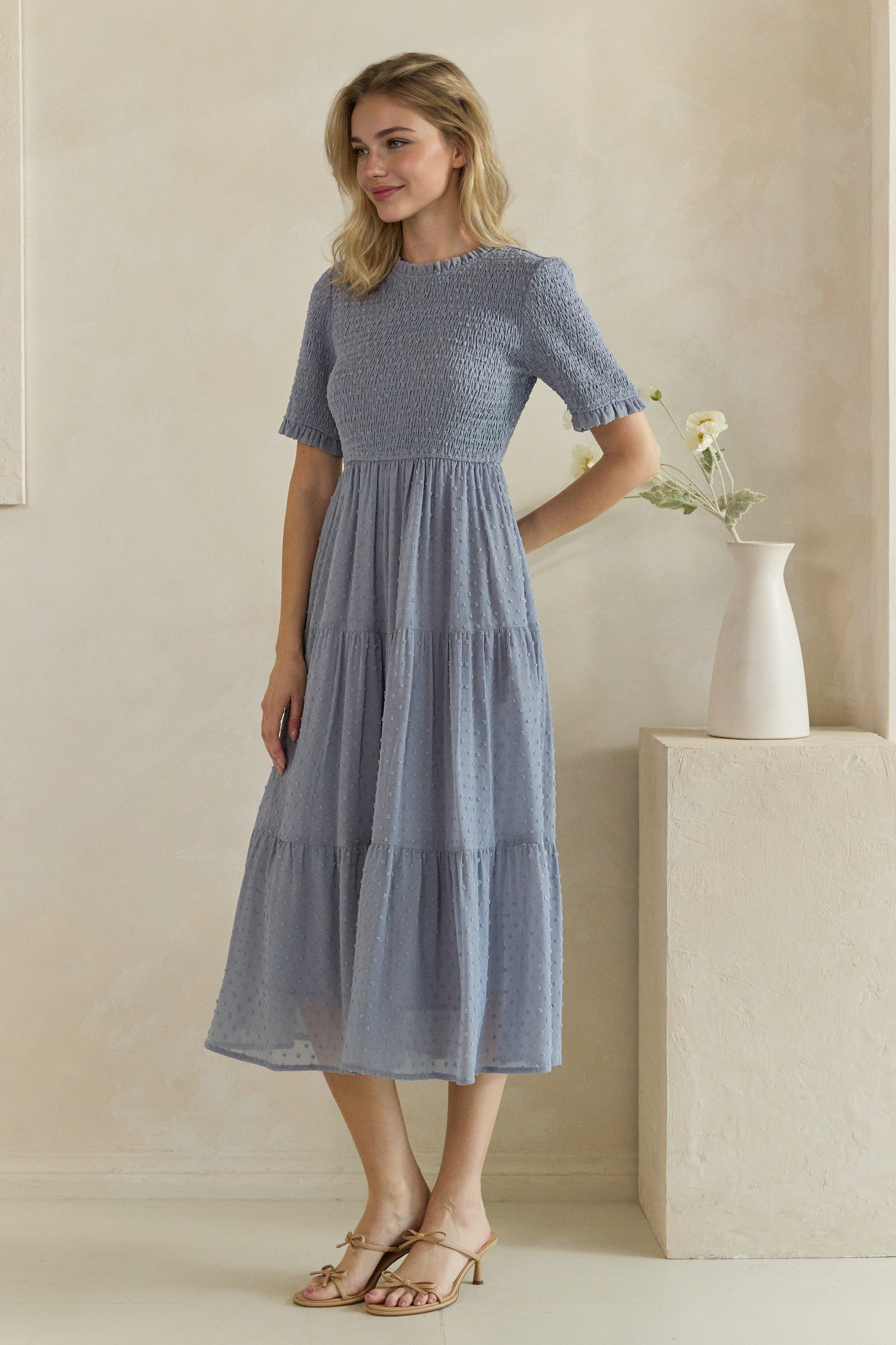 Swiss Dot Smocked Ruffle Trim Tiered Midi Dress