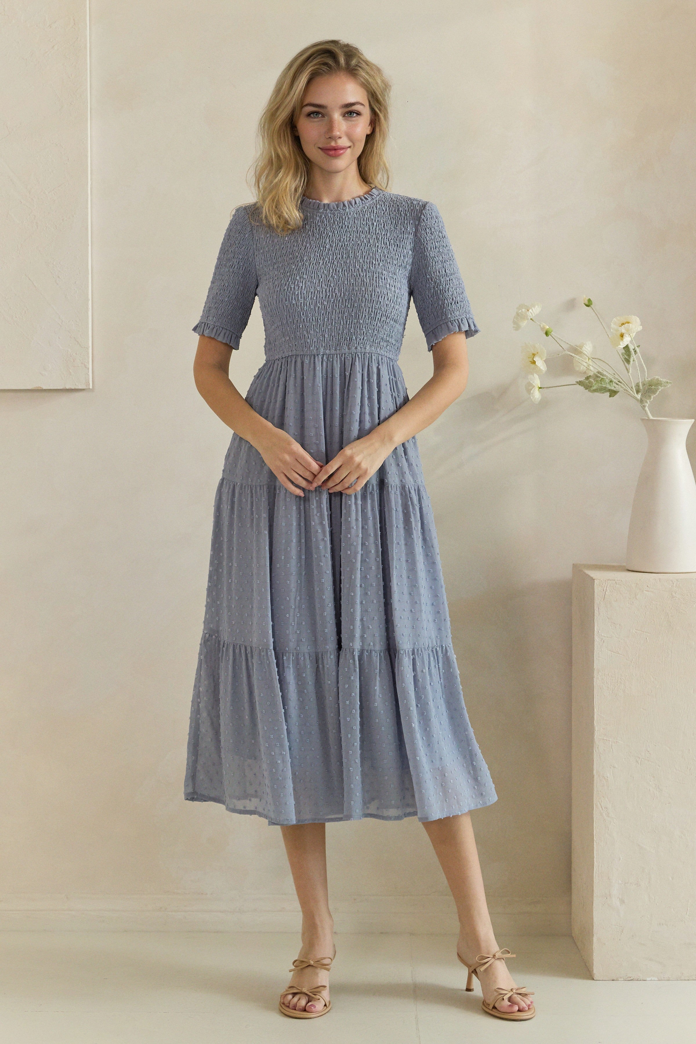 Swiss Dot Smocked Ruffle Trim Tiered Midi Dress