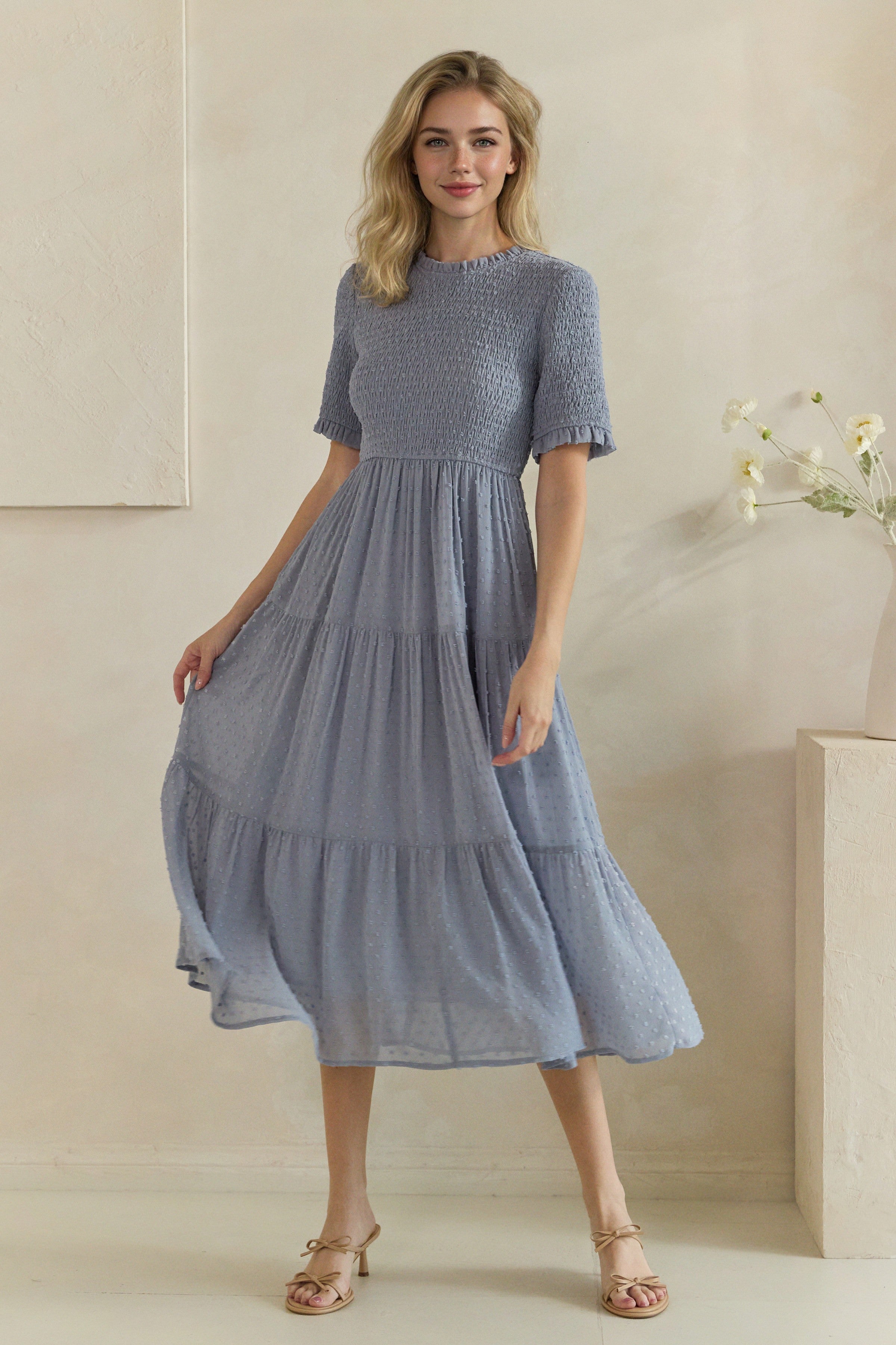 Swiss Dot Smocked Ruffle Trim Tiered Midi Dress