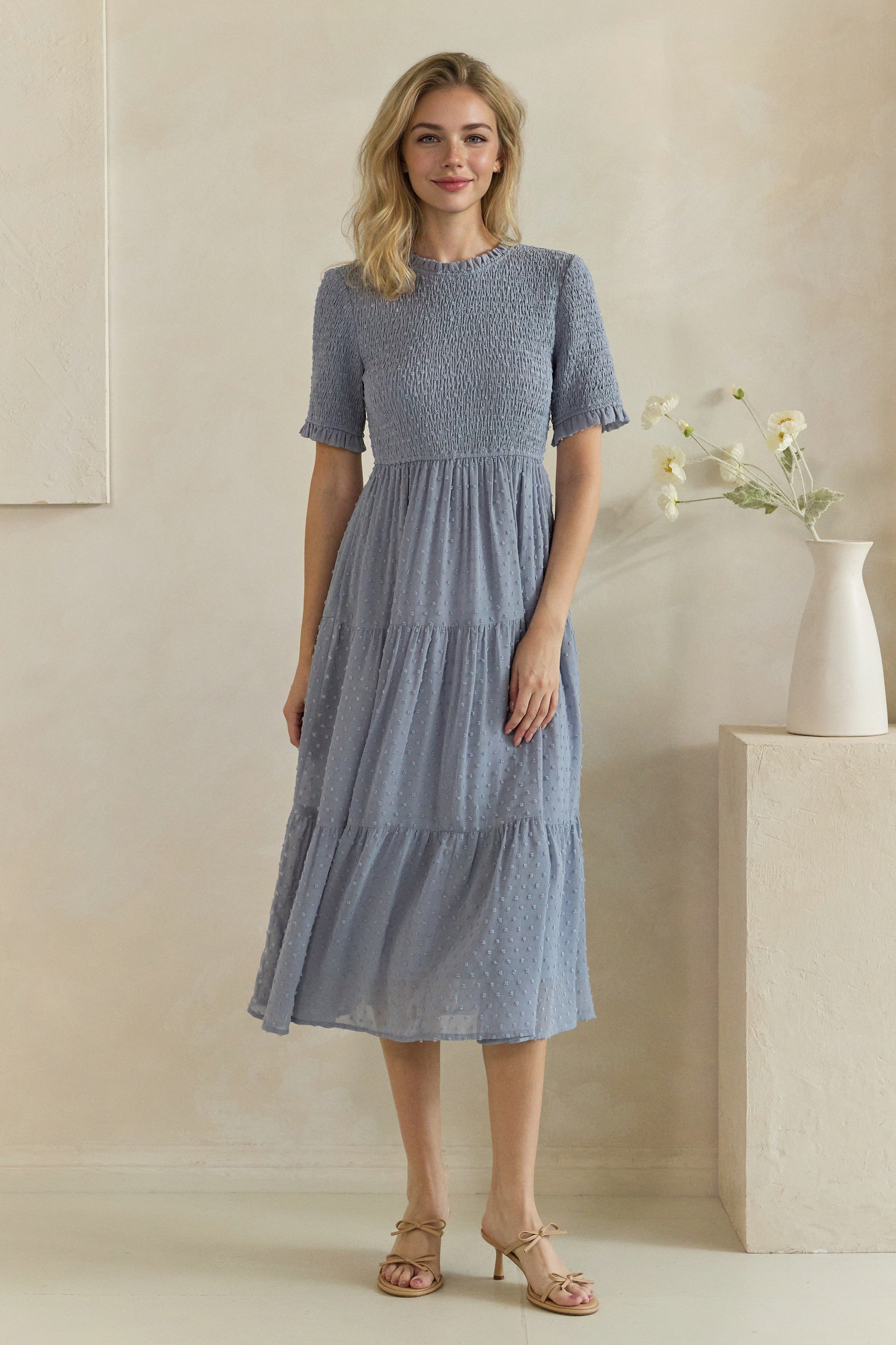 Swiss Dot Smocked Ruffle Trim Tiered Midi Dress