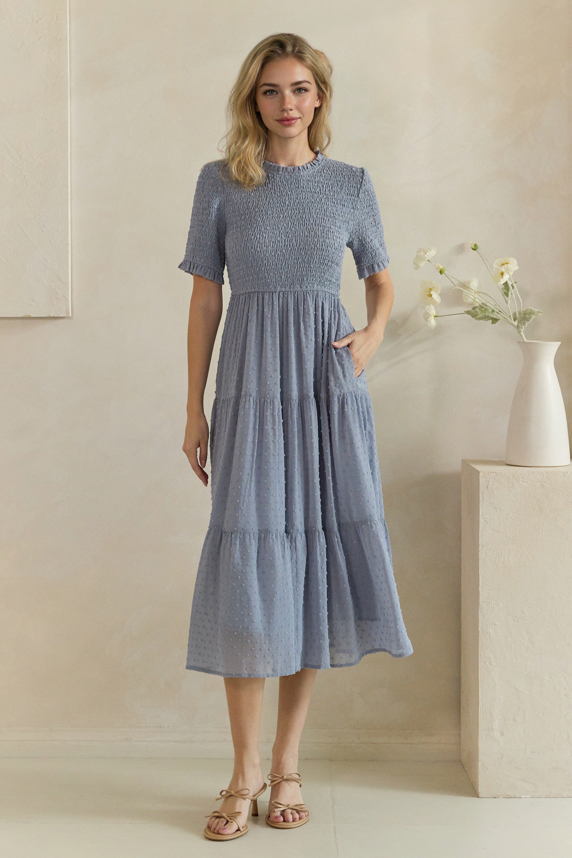 Swiss Dot Smocked Ruffle Trim Tiered Midi Dress