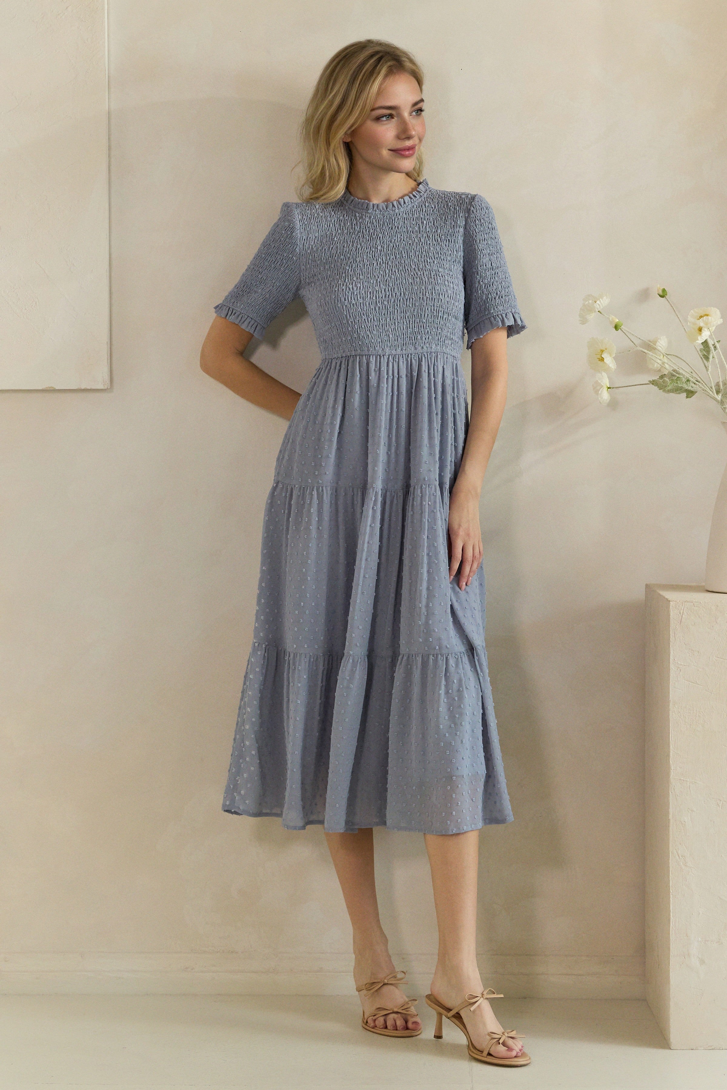 Swiss Dot Smocked Ruffle Trim Tiered Midi Dress