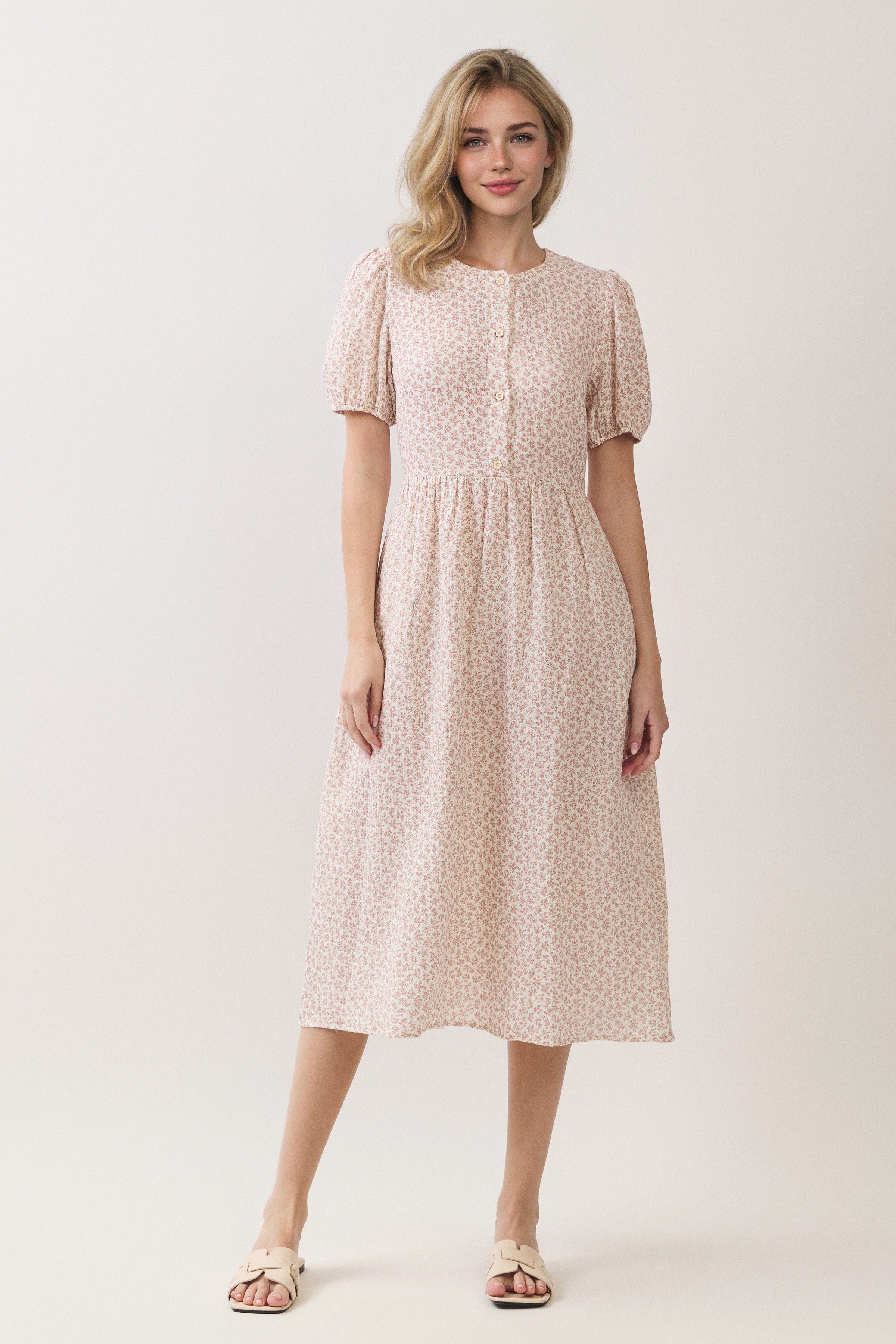 Ditsy Floral Button Front Puff Sleeve Midi Dress