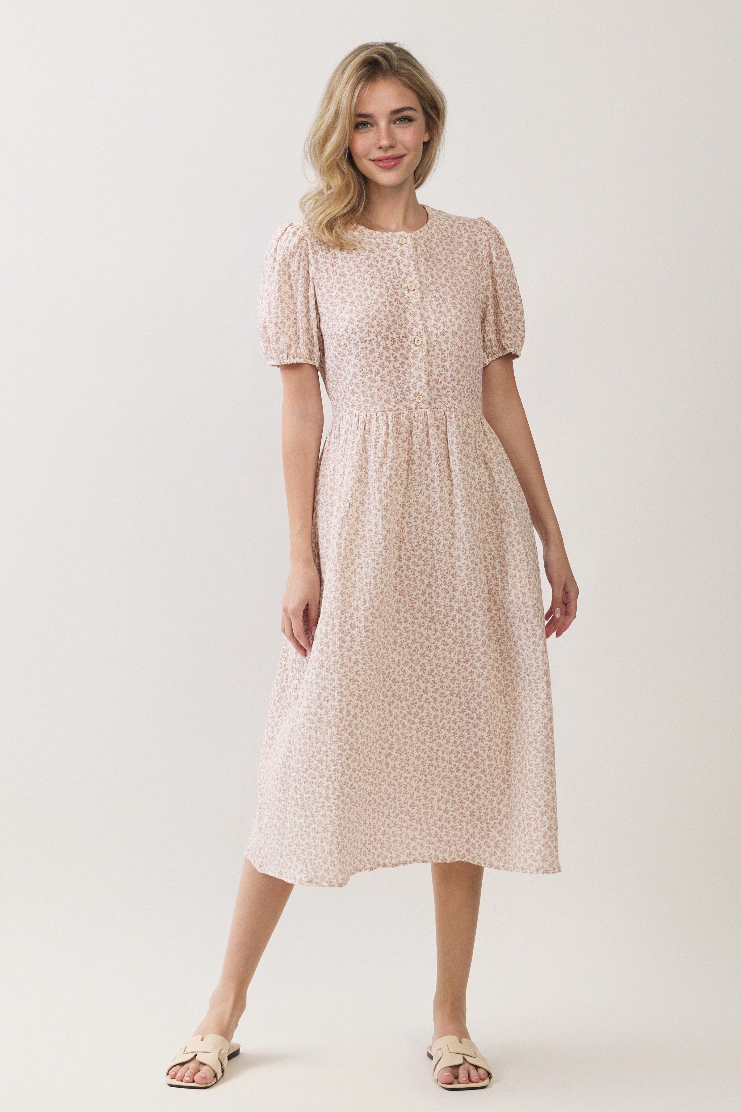 Ditsy Floral Button Front Puff Sleeve Midi Dress
