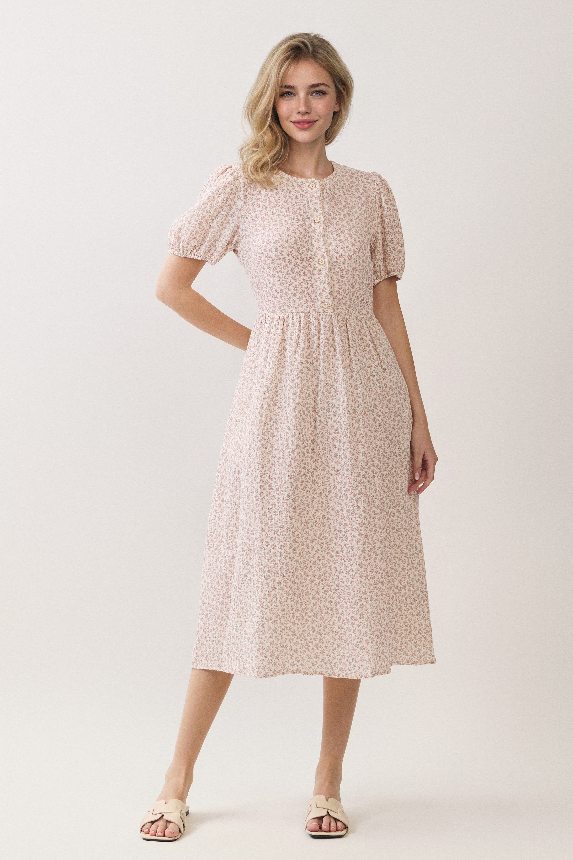 Ditsy Floral Button Front Puff Sleeve Midi Dress
